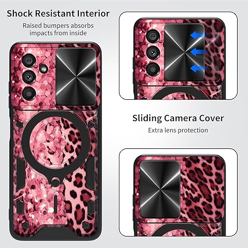 Vista 301 de Funda para Samsung Galaxy A13 5G con cubierta deslizante para lente de cámara y anillo giratorio de 360 grados, soporte híbrido de doble capa Flores