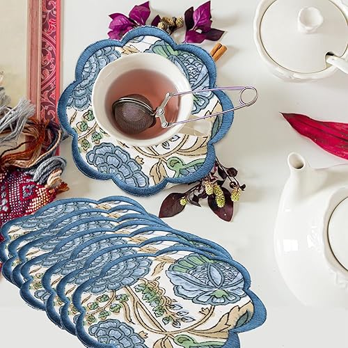 Ridhi Juego de 8 Posavasos de Impresión en Bloque Manual de Lona de Algodón Absorbente para Bebidas con Elegante Bordado Festoneado Estilo Bohemio