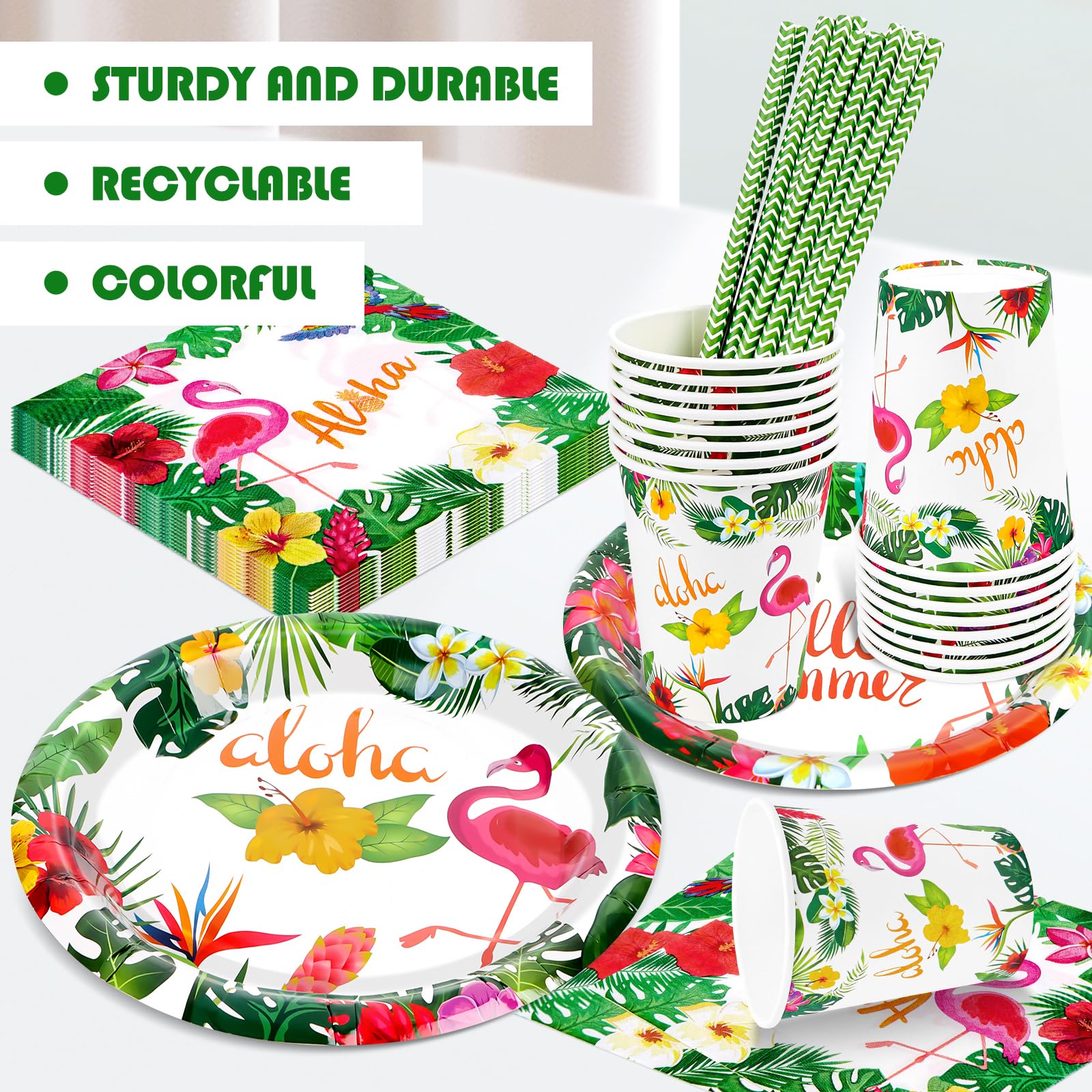 Flamingo, set di stoviglie per feste, decorazione per compleanno, per bambini, con fenicottero, ananas, per vacanze, estate, ragazzi, ragazze, feste, 16 ospiti