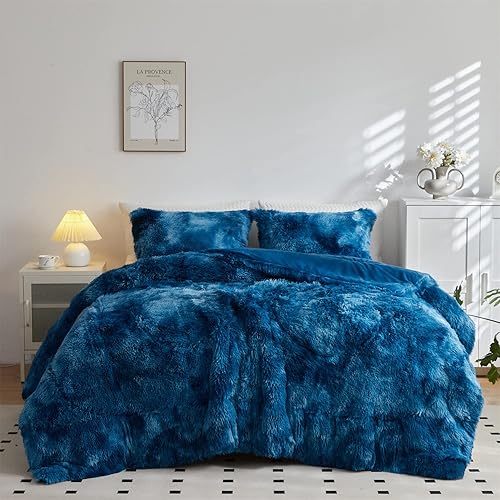 Jeyfull Juego de edredón de lujo de piel sintética tamaño Queen juego de edredón de felpa lanuda de 3 piezas juego de ropa de cama ultra suave