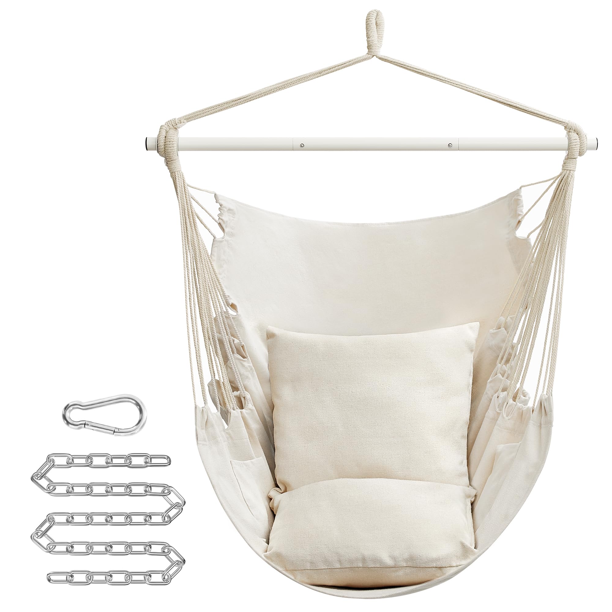 SONGMICS Hängesessel, Hängeschaukel, Hängestuhl mit 2 Kissen, Metallkette, bis 150 kg belastbar, Indoor und Outdoor, Wohnzimmer, Schlafzimmer, cremeweiß GDC197M01