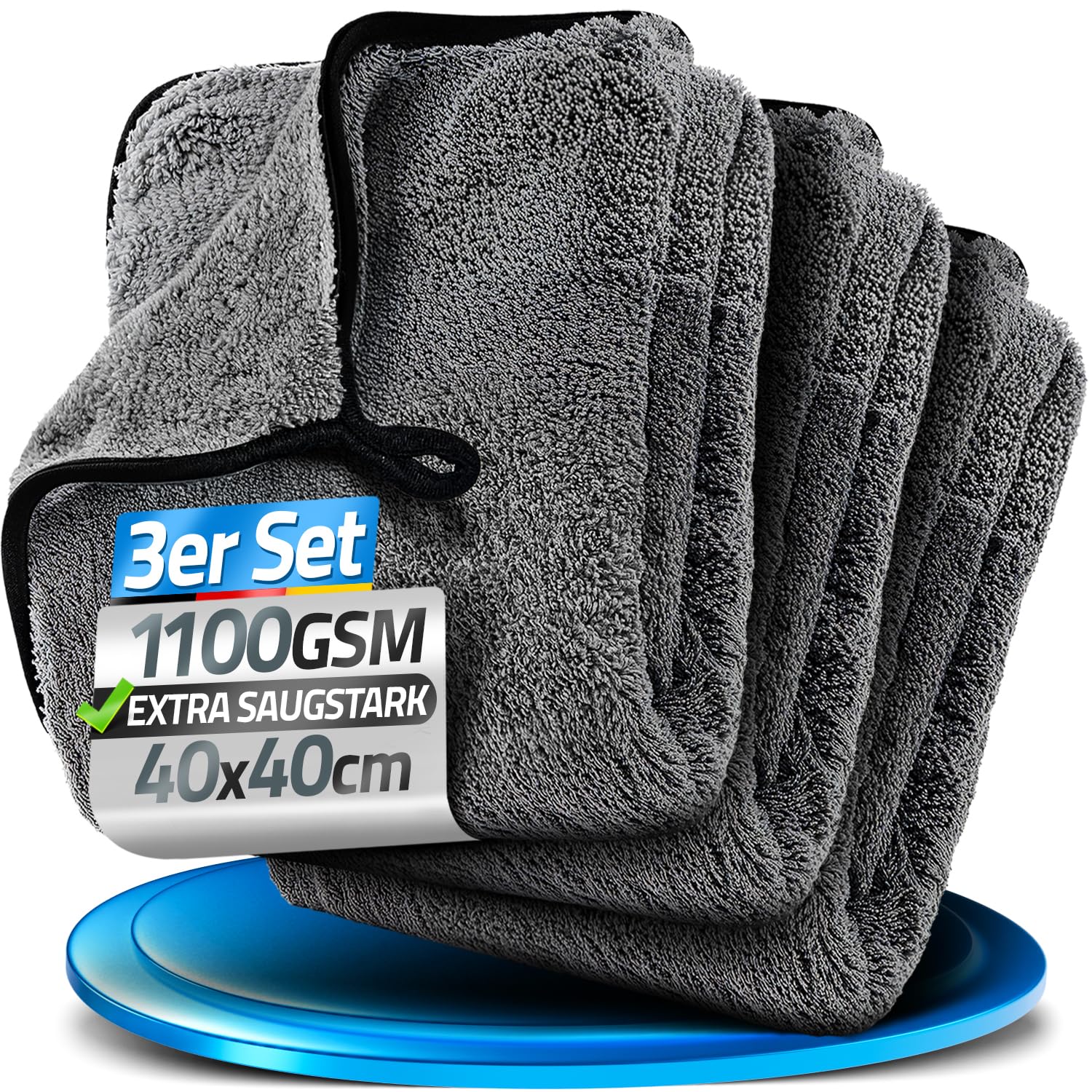 LOCO BIRD Mikrofasertücher Auto Trockentuch 1100 GSM - 40x40cm saugstarke Microfasertücher Autopflege - Trockentuch Mikrofasertuch Auto - Microfasertuch Fensterputztücher 3er Set