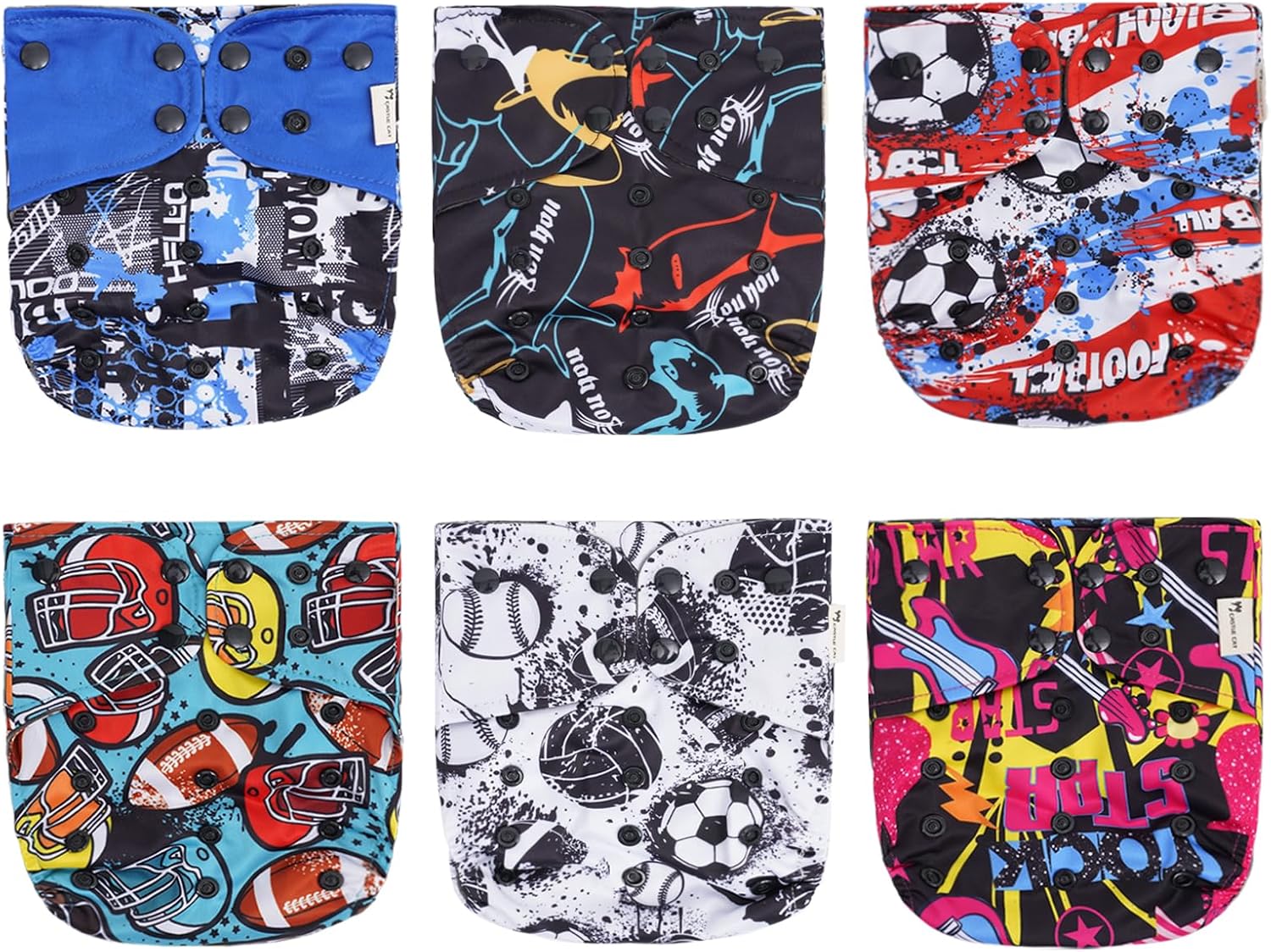 CASTLE CAT 6-Pack One-Size Washable Reusable Cloth Diapers with Soft Grey Fleece Liner for Babies 6-33lbs Boys Girls