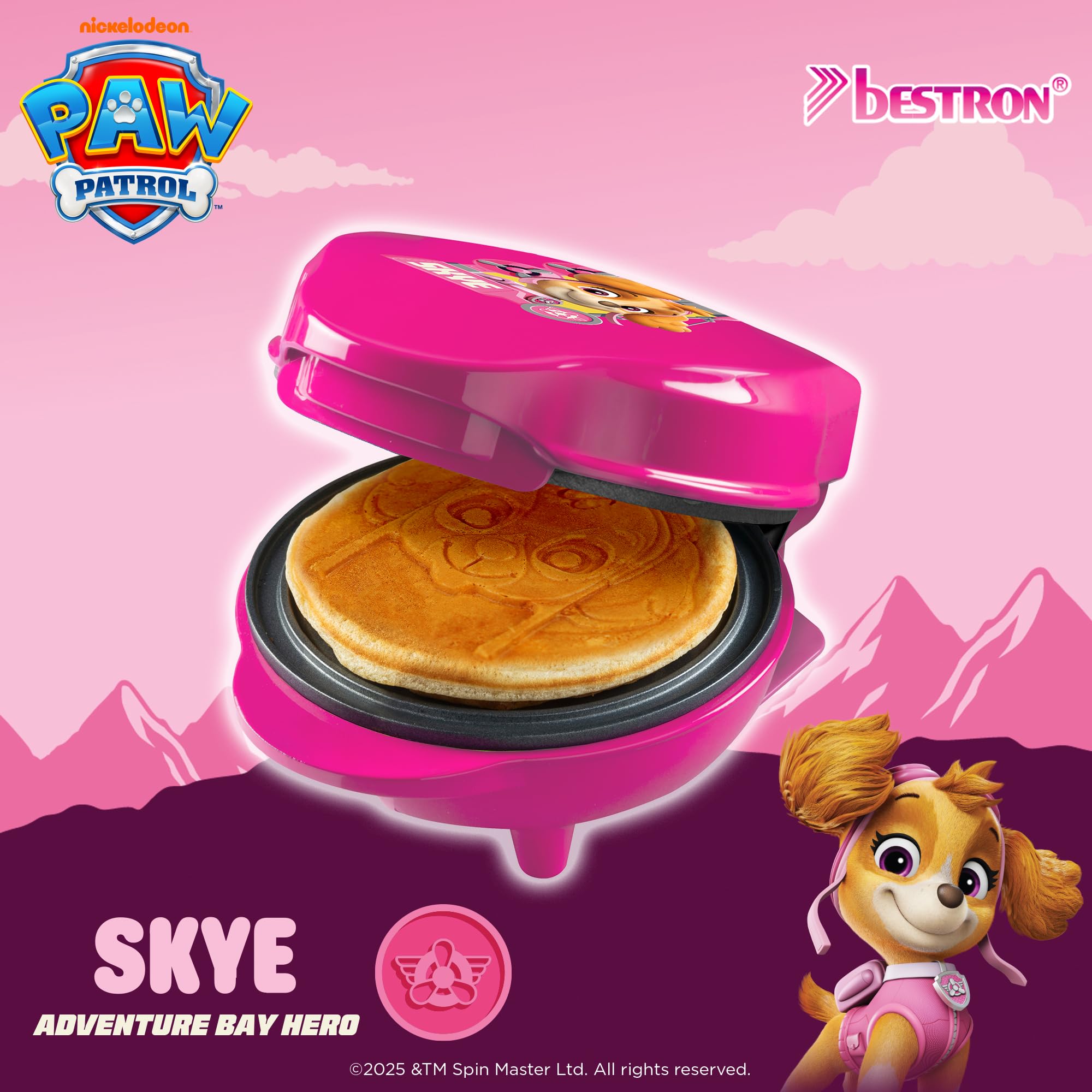 Gofrera de Paw Patrol Mini Gofrera con placa especial "Skye", tamaño gofre: Ø 10 cm, tamaño ideal para niños, para cumpleaños o como regalo, producto oficial de color rosa