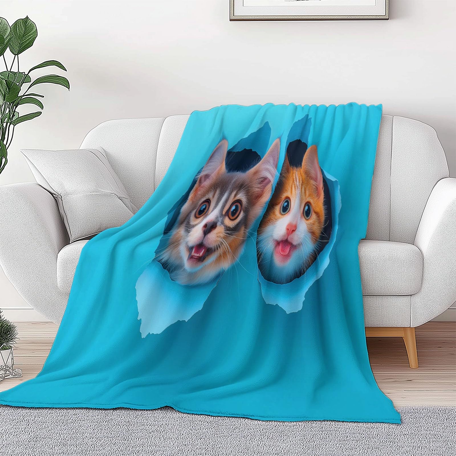 Koc polarowy z mikrofibry 220 x 240 cm, zwierzęta koty i psy dla graczy 3D, miękki nadruk, pluszowy koc, odpowiedni dla dorosłych i dzieci, kemping, niebieski