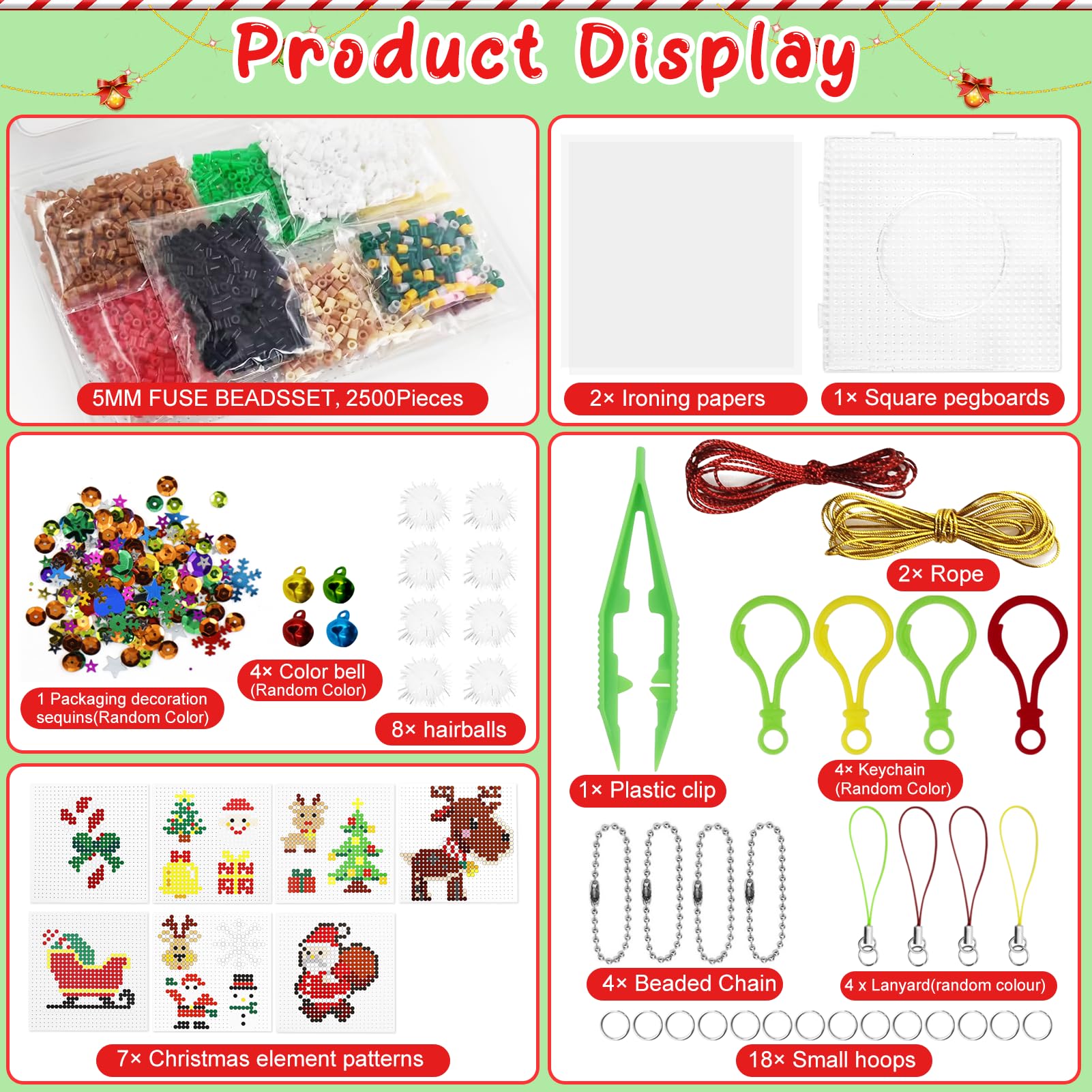 2500 Perles à Repasser Noël - 5mm Avec 15 Motifs - Kit Créatif Enfant - DIY Déco Fête