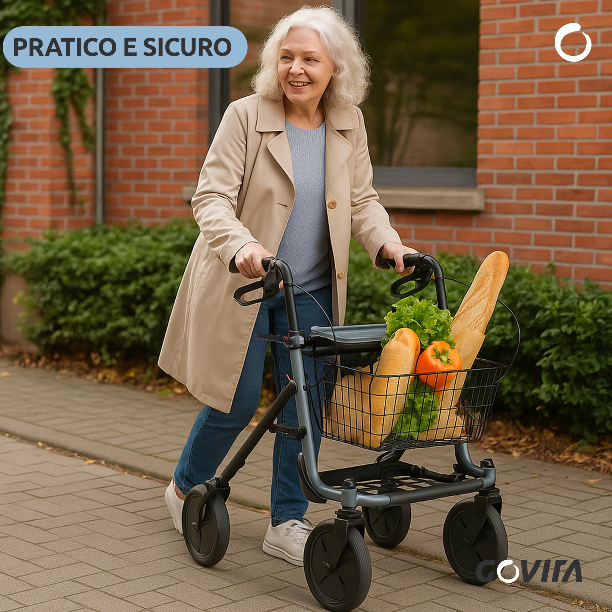 GOVITA - Deambulatore Pieghevole per Anziani con Seduta e Cestino – Rollator a 4 Ruote da Interno ed Esterno, Carrello Girello Regolabile con Freni e Portaoggetti
