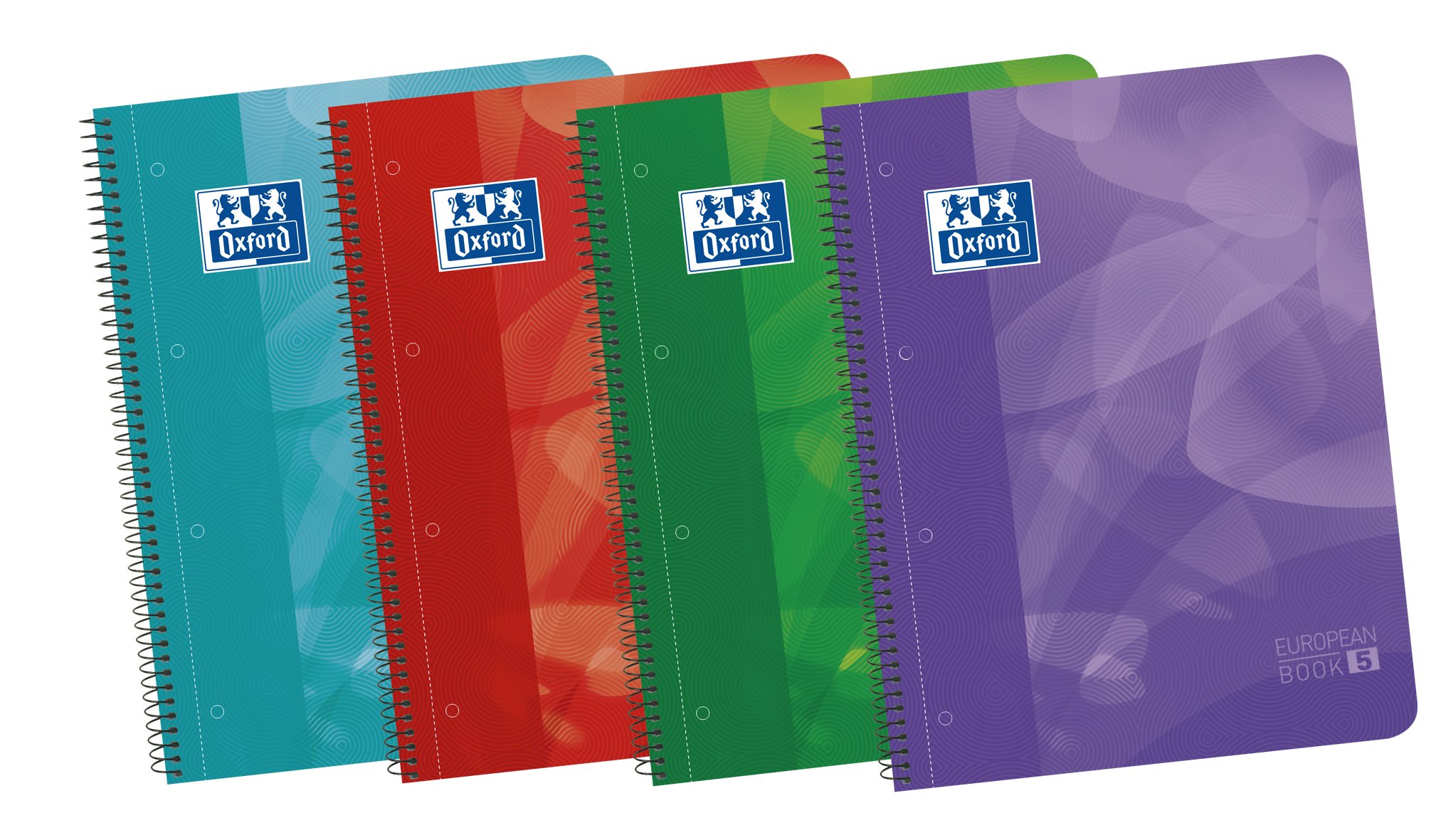 Oxford Lagoon - Pack de 5 cuadernos espiral con tapa de plástico, A4+, Libretas 120 Hojas cuadriculadas 5x5. Colores surtidos