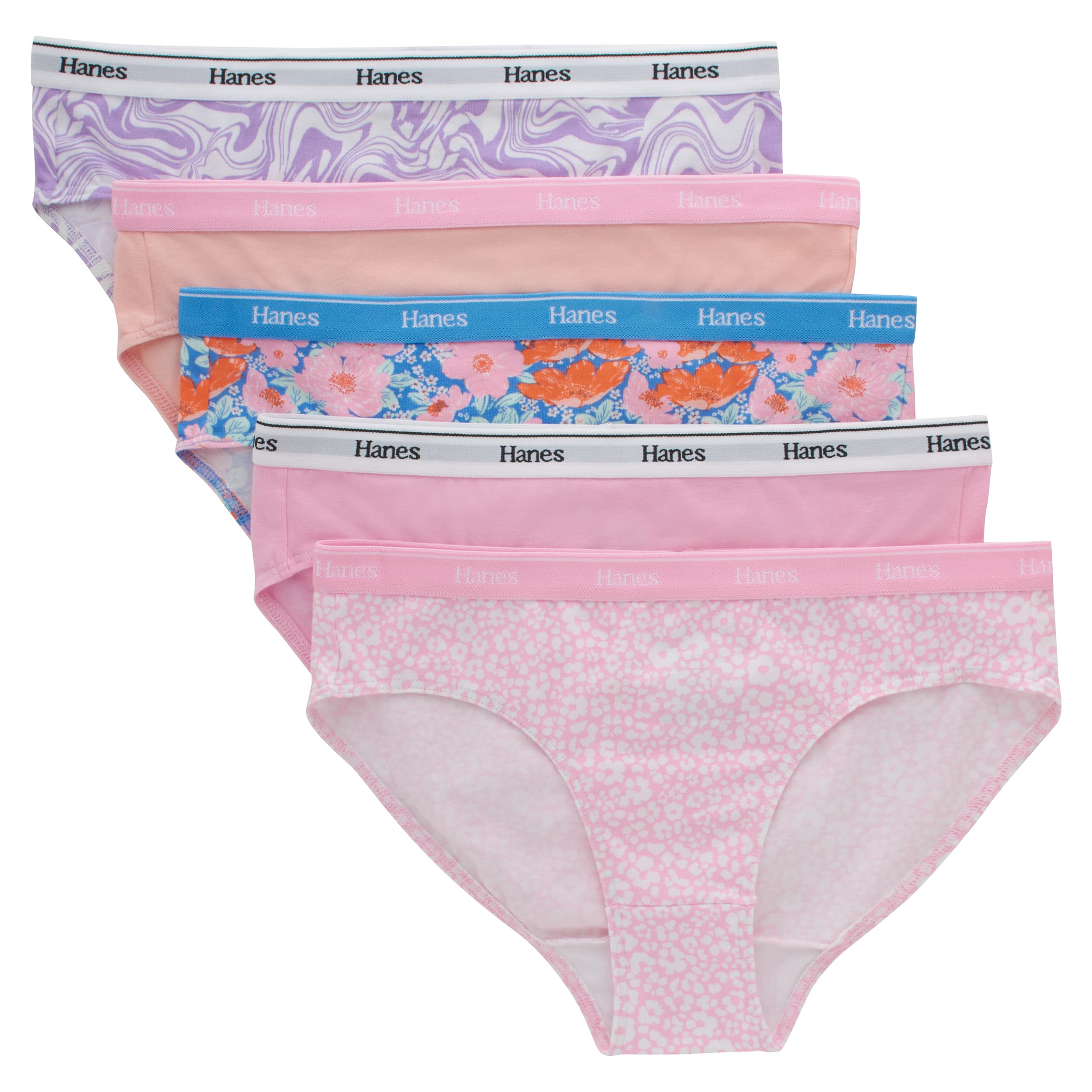 Hanes Originals Girls Boyshorts Hipsters Moisture-Wicking Cotton Stretch Underwear Assorted 5-Pack