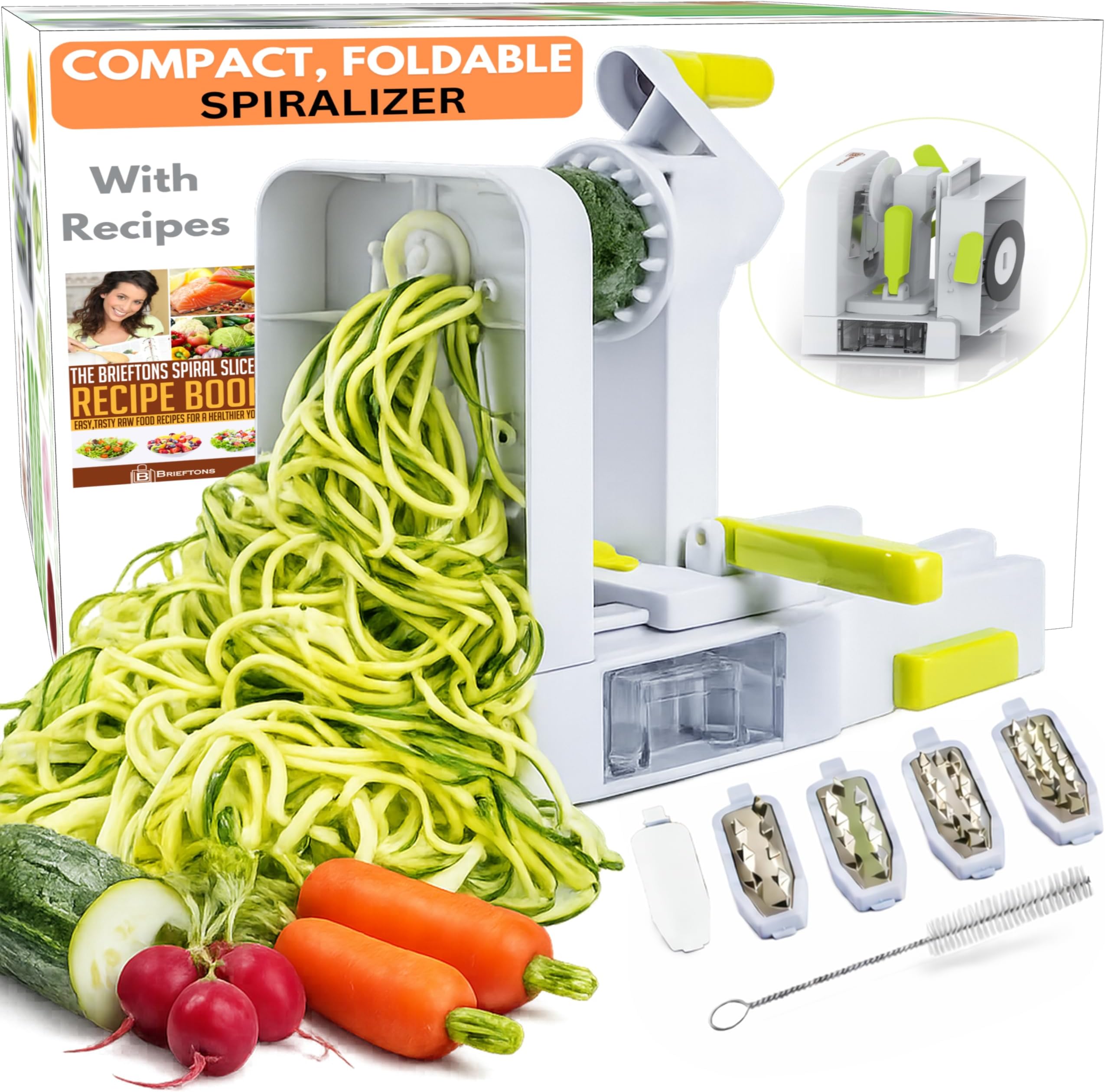 QuickFold 5-Blade Spiralizer: 2018 Model, Versatile & Compact Foldable Vegetable Spiral Slicer, Best Veggie Pasta Spaghetti Maker for Low Carb/Paleo/Gluten-Free with Brush & 3 Recipe Ebooks