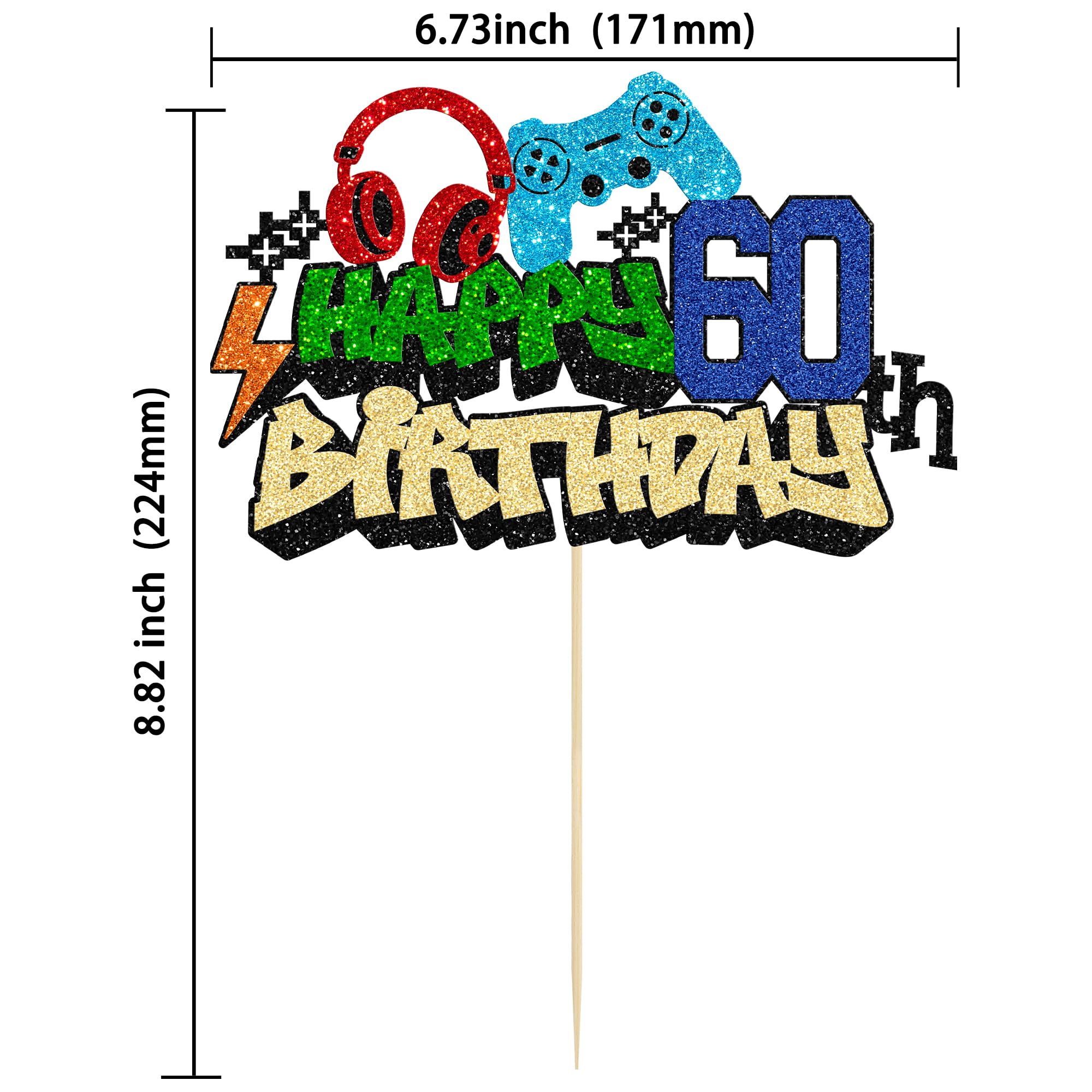 Gyufise 1Pcs Happy 60th Birthday Cake Topper Glitter Video Game Cake Pick Game On Controllers Eighteen Cheers to 18 Years Cake Decoration for Game Theme Happy 60th Birthday Party Supplies 1