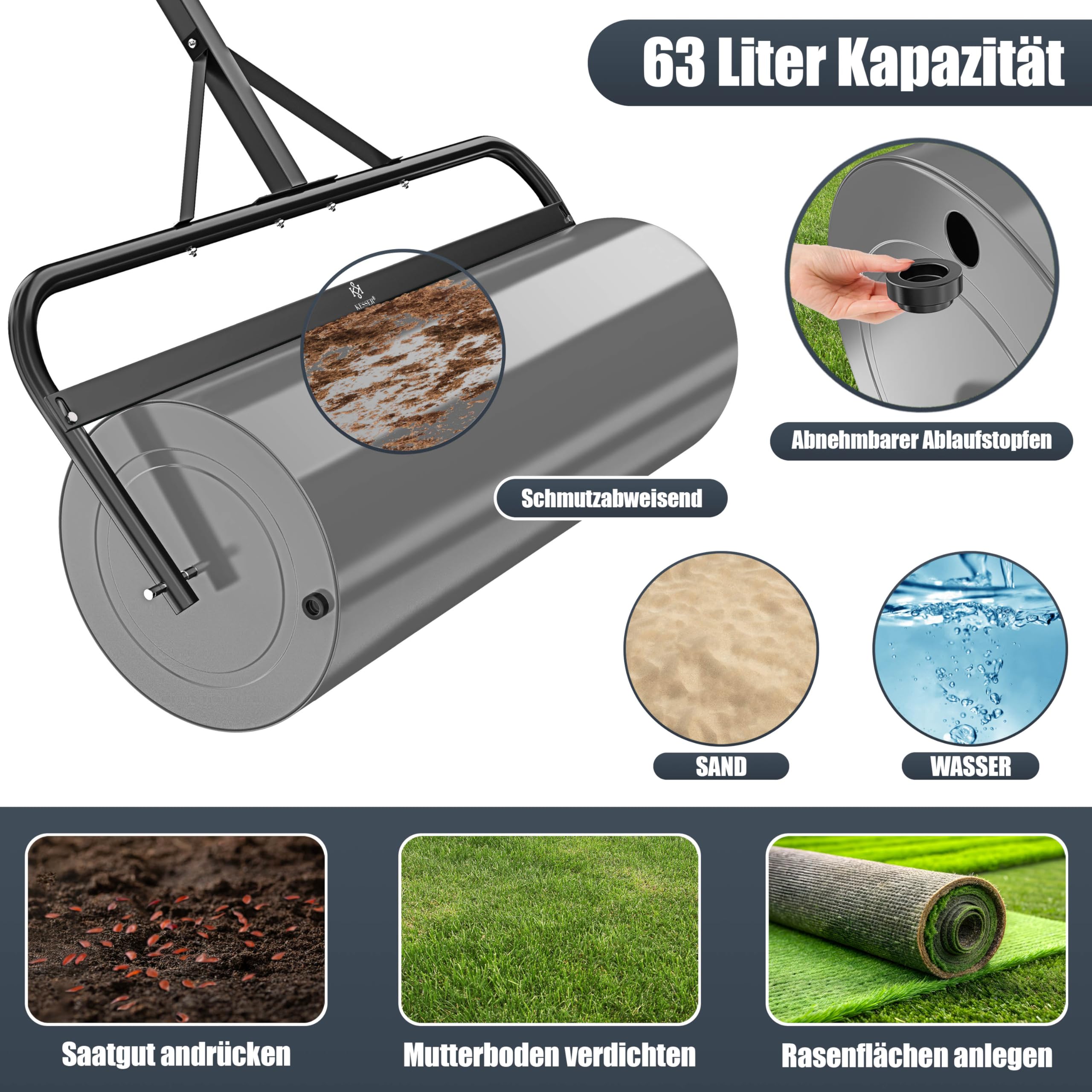 KESSER® Rodillo para césped de metal rellenable con agua o arena con 63 litros de volumen de llenado y 99 cm de ancho | Rodillo de jardín incluye guantes | Rodillo manual rodillo para césped rodillo