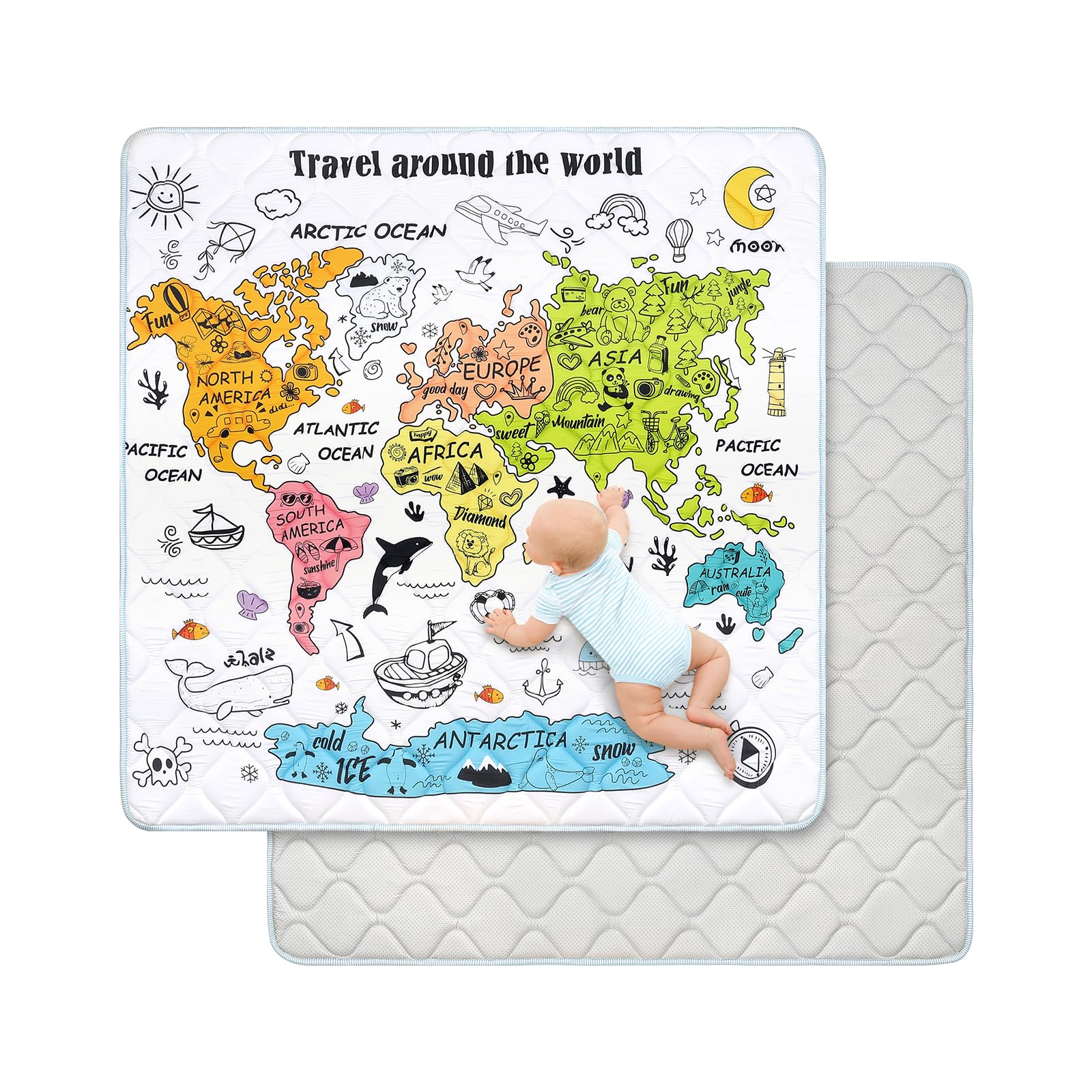 decalsweet Spielmatte Baby 127×127cm mit Rutschfest, Extra Dicke 2cm Weiche Krabbelmatte Baby, Faltbar Krabbeldecke für Baby Krabbelteppich für Kinderzimmer Indoor Outoor Zaun (Weltkarte)