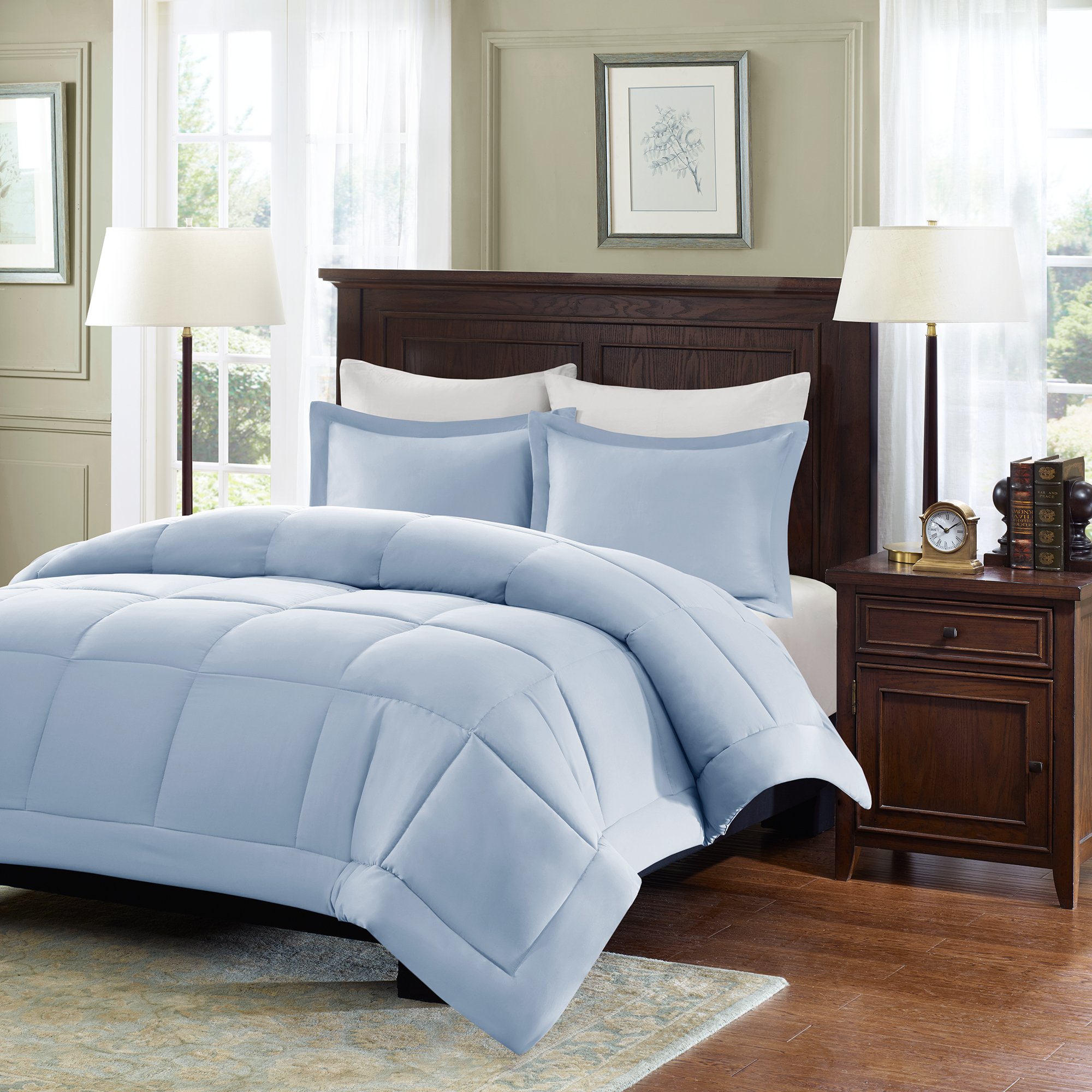 Madison Park All Season Microcell Down Alternative Box Quilted Comforter Mini Set, Polyester, Blue, Twin