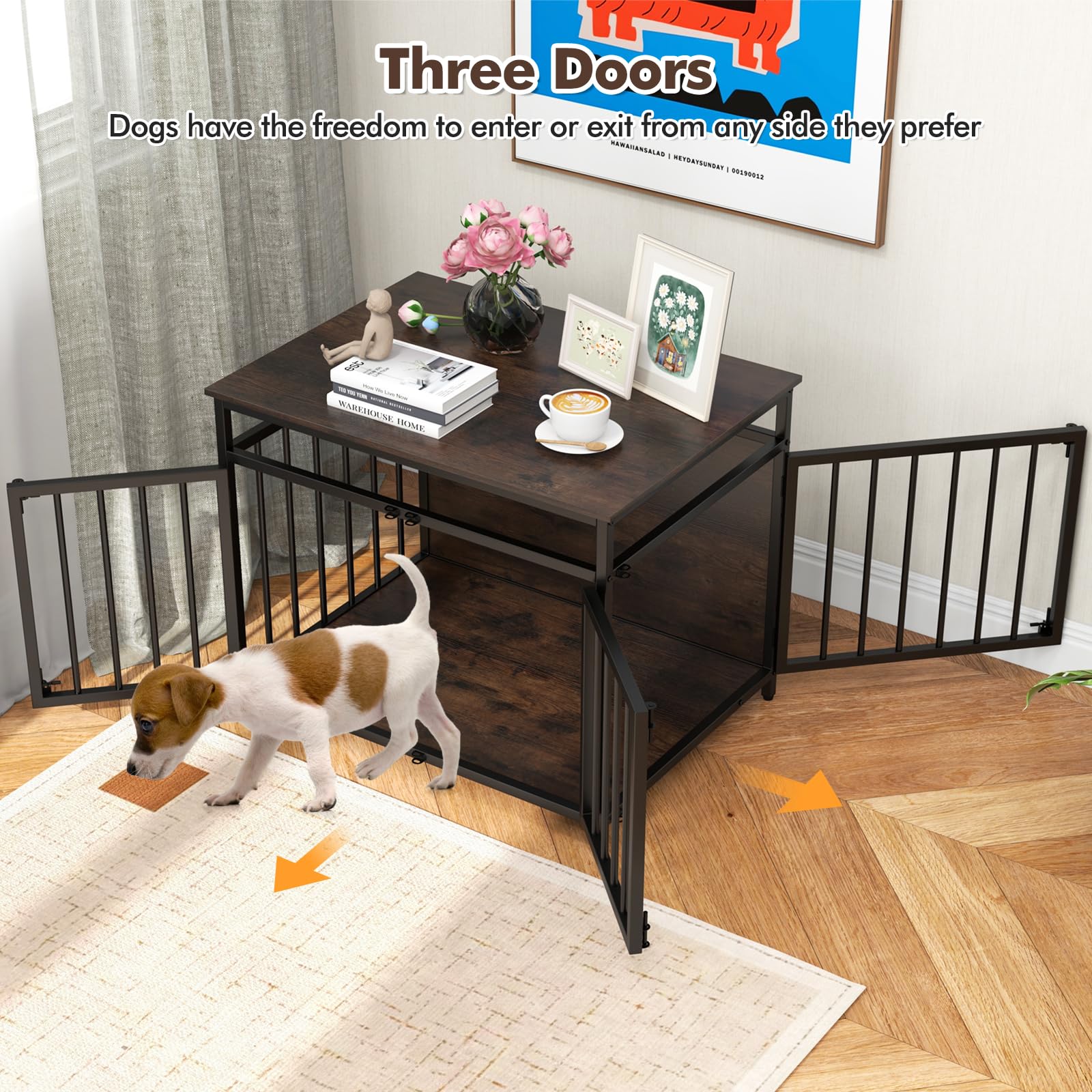 COSTWAY Hundekäfig Möbel, Hundebox für zuhause mit DREI Türen, Hundegitterbox Holz Indoor für kleine & mittelgroße Hunde, Beistelltisch aus Holz & Metall, 80 x 60 x 64 cm