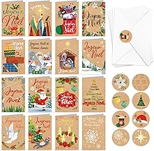 DPKOW Merry Christmas Greeting Cards with Self-Adhesive Envelopes, 16 x Kraft Paper Christmas Cards in French, Happy Christmas Cards Nativity Cards Happy Holidays Cards Happy New Year Cards