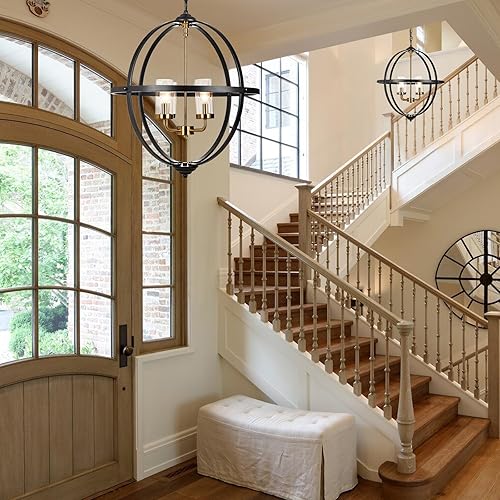 Miniatura 8 de Treekee Lámpara de araña rústica, cubierta de cristal con acabado negro y dorado, de lujo, 4 luces de globo vintage, lámparas de techo colgantes