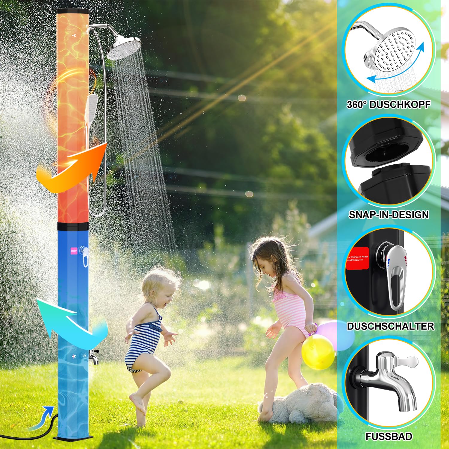 Randaco Douche Solaire de Jardin - Eau Chaude jusqu'à 60 °C - sans raccordement électrique - Douche de Piscine - Camping avec douchette à Pied et douchette à Main - Tête de Douche à Effet Pluie