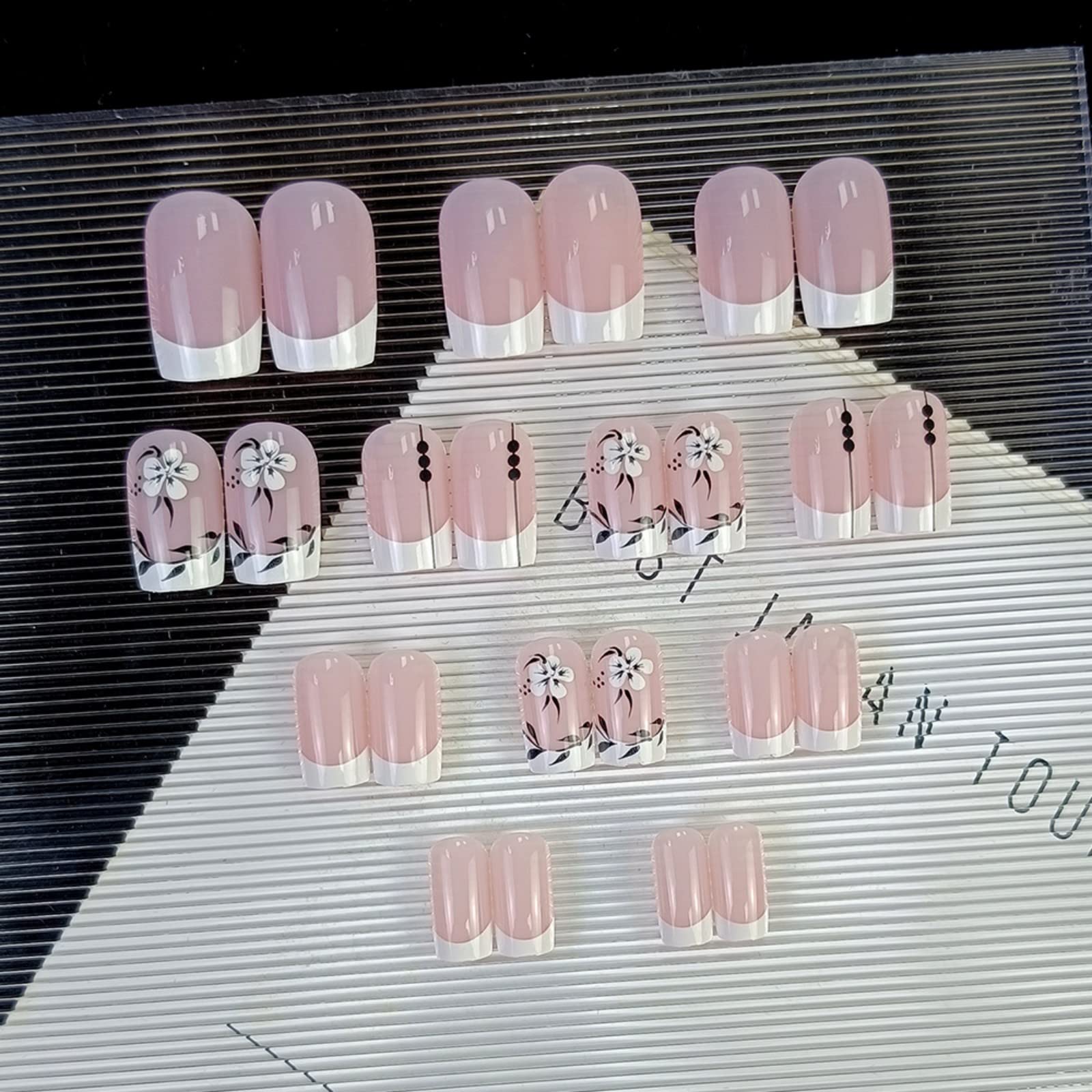 JUSTOTRY 24 Pcs White French Short False Nails,Pink Square Press on Nails with Flower and Leaf Pattern,Glossy Fake Nails Medium for Nails Art,Squoval Stick on Nail for Women Gifts - Image 3