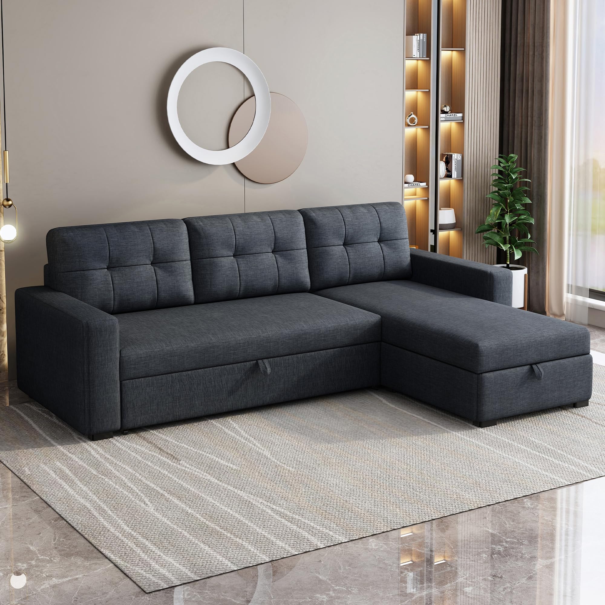 Sectional Sleeper Sofa with Storage Chaise, L Shaped Pull Out Couch Bed with 3 Removable Back Cushion for Living Room, Apartment,Office,Dark Grey,81.5"