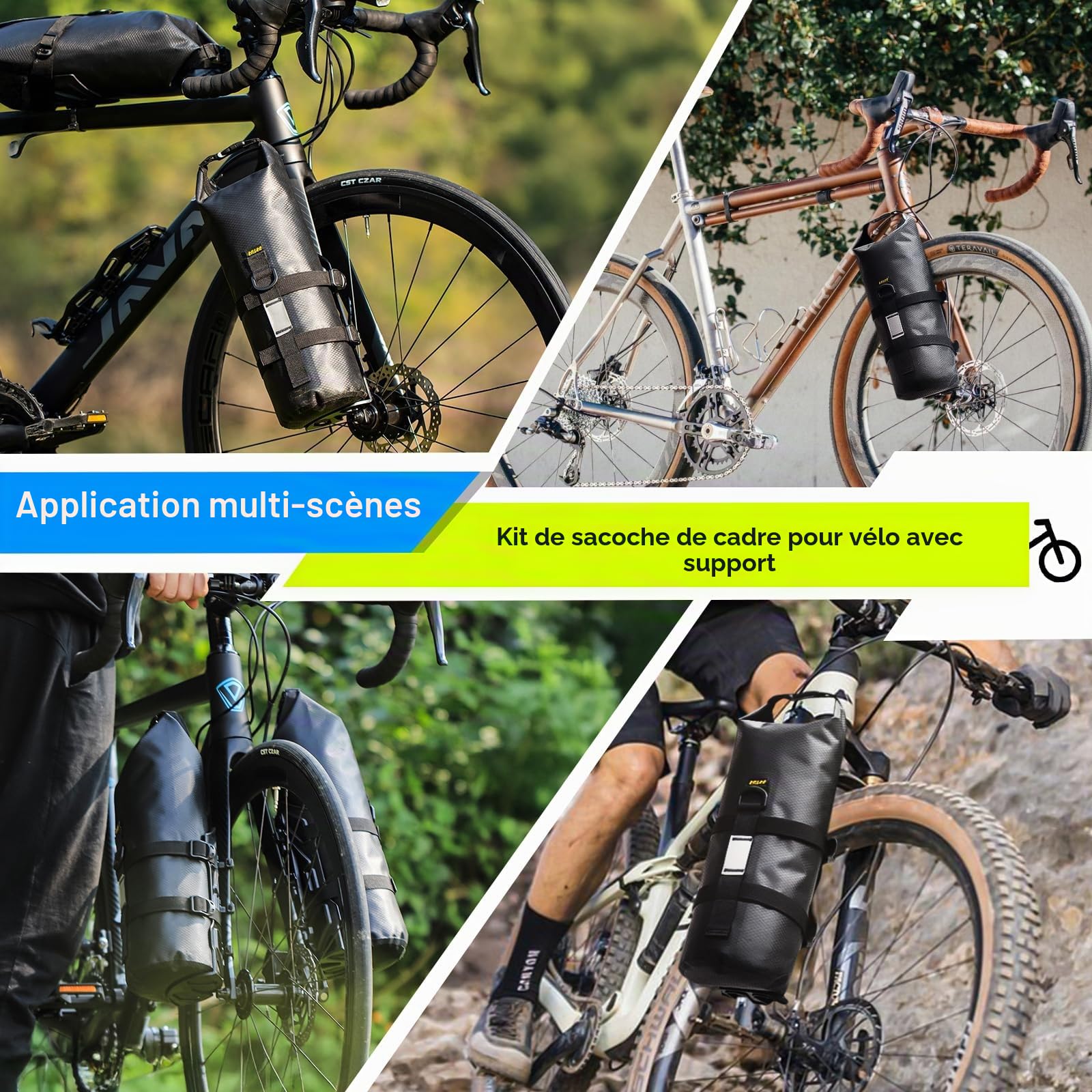 8.5L 2 Pièces Sacoche Velo Etanche Sacoches Fourche Vélo Sac Sacoche Cadre Cadre Velo Enroulable avec Support Polyvalent pour VTT E-Scooter Vélo de Route Accessoire