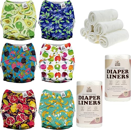 Mama Koala Pañales de tela para bebés 3.0 con paquete de 6 inserciones, con 2 rollos de revestimientos naturales desechables