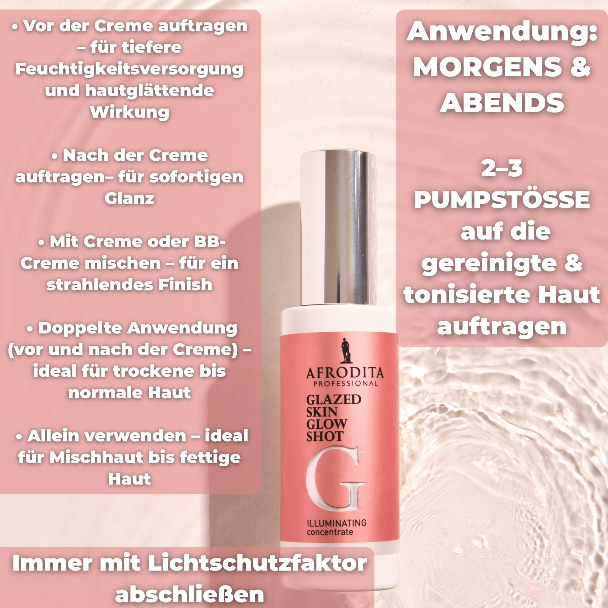 Afrodita Professional Glazed Skin Glow Shot Gesichtsserum, Glow Konzentrat mit Niacinamid, Peptiden, Mandel- und Lactobionsäure, für strahlende, ebenmäßige Glass Skin Optik, 30 ml