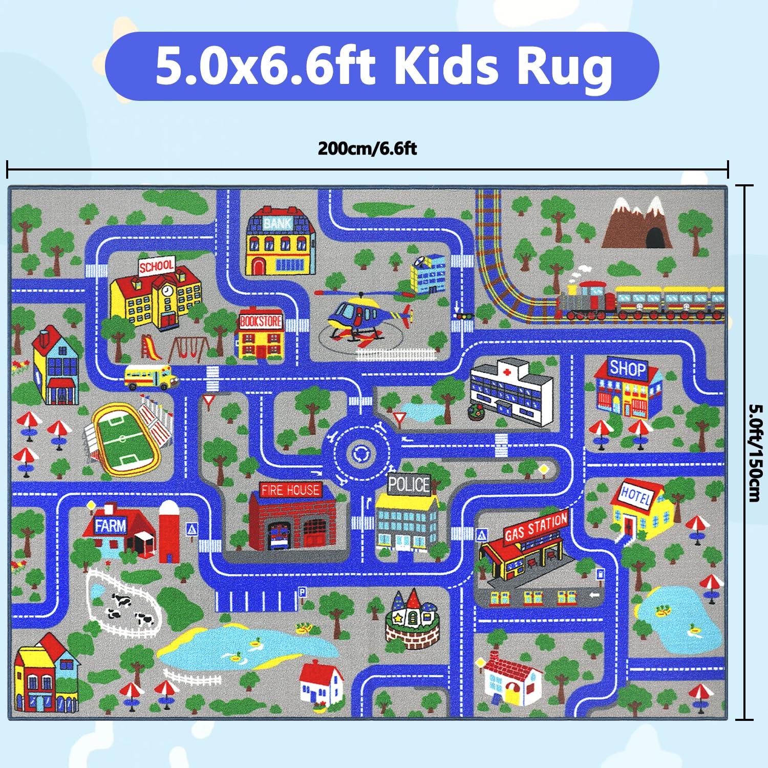 Capslpad Tapis de jeu pour enfants Town City Road Car - 150 x 200 cm - Antidérapant - Lavable en machine - Tapis d'exercice à poils courts - Tapis éducatif pour chambre d'enfant - Décoration de salle