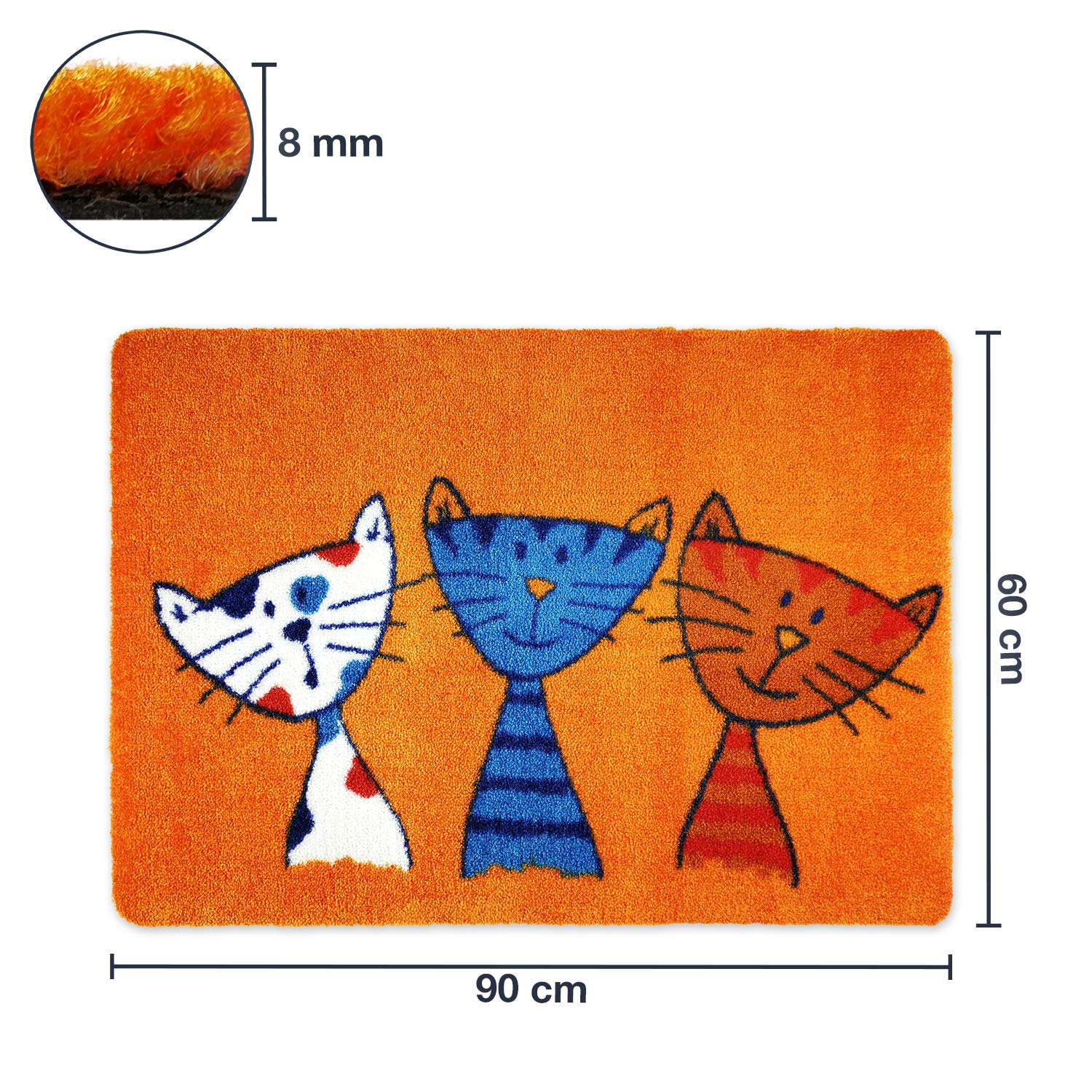 Fußmatte Katze 60 x 90 cm Orange - Fussmatte mit Katzen - rutschfest & waschbar - Schmutzfangmatte für Innen und Außen mit lustigem Motiv