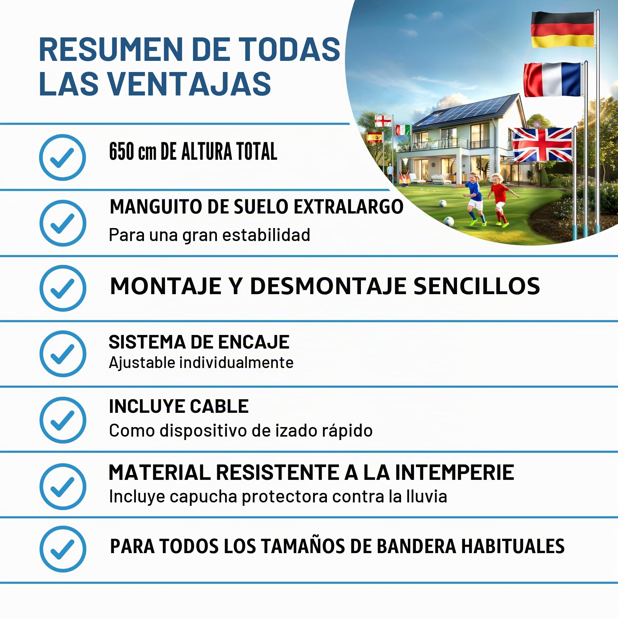 MONZANA® Asta para Bandera 6,5m Aluminio Cuerda para Izar Altura Regulable Telescopica Bandera España Española