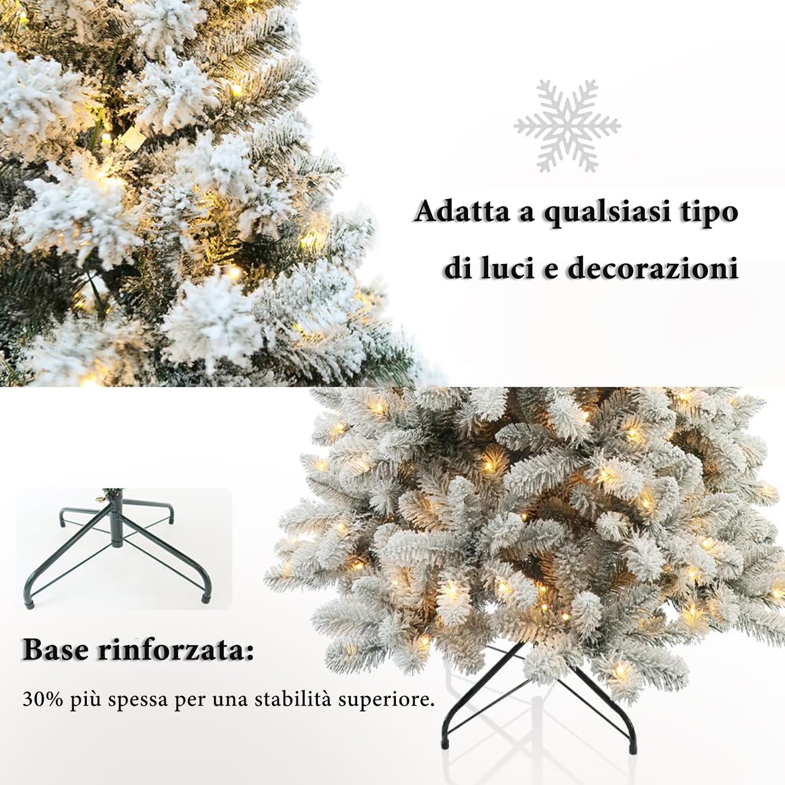 LEIVESTE-Albero di Natale Artificiale 150 Verde Innevato Super Folto,Base a Croce in Ferro Pieghevole Effetto Realistico Con Neve, rami con apertura ad ombrello. (150 CM)