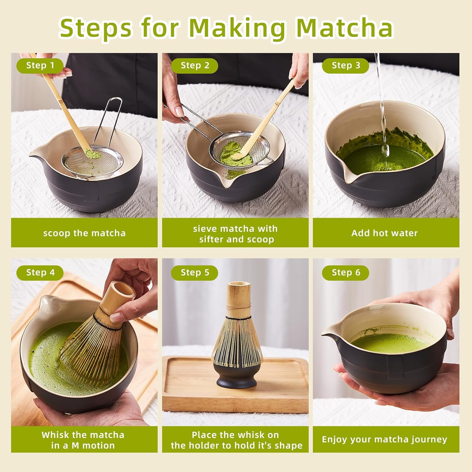 Matcha Whisk Set, Matcha Set Includes 2X Matcha Whisk, Matcha Bowl and Chasen Holder, Bamboo Scoop, Scoop Rest, Sifter - 7 Pcs Matcha Kit for Tea Ceremony, Gift for Matcha Lover (Black)