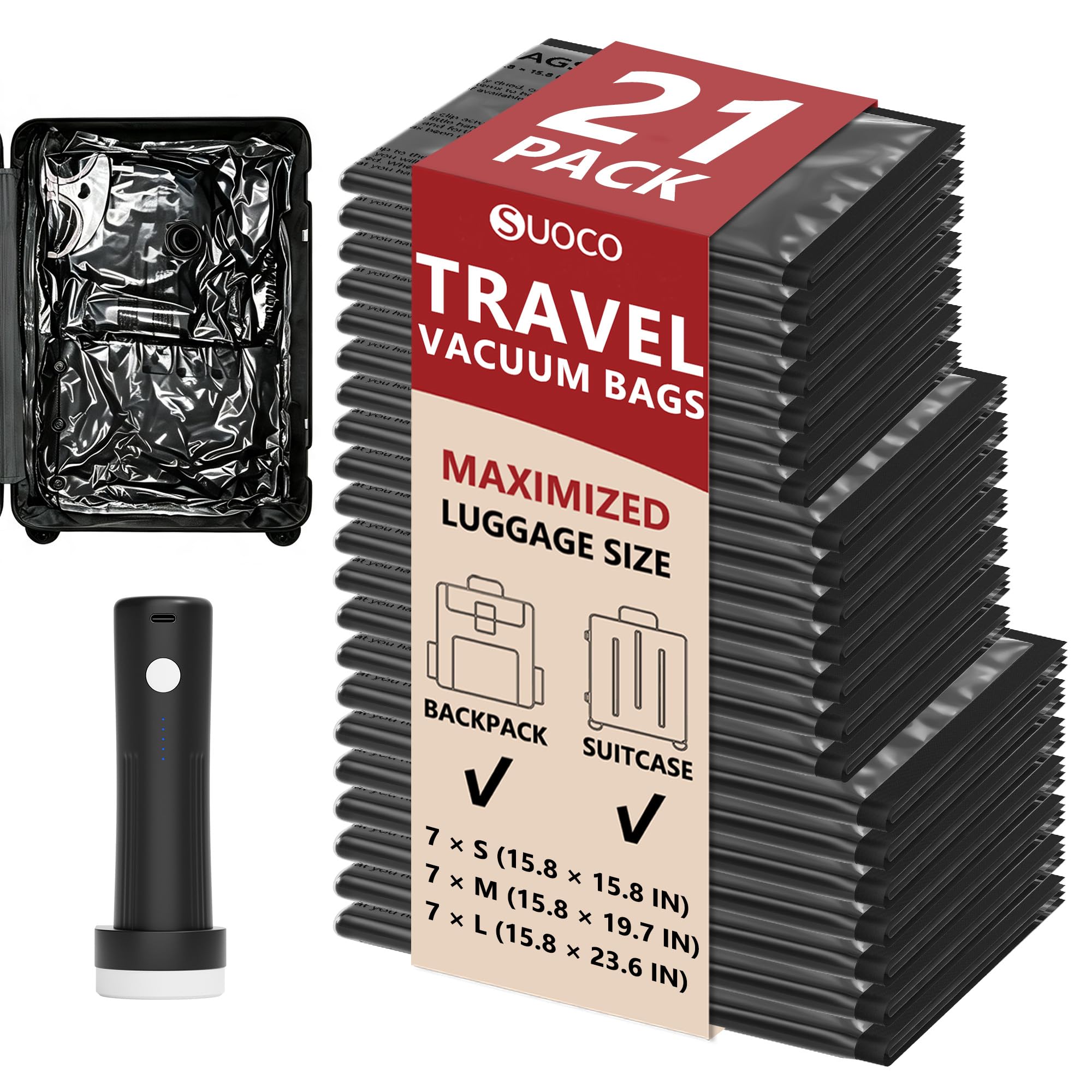 Travel Vacuum Bags for Clothing with Cordless Pump 21 Combo, Black