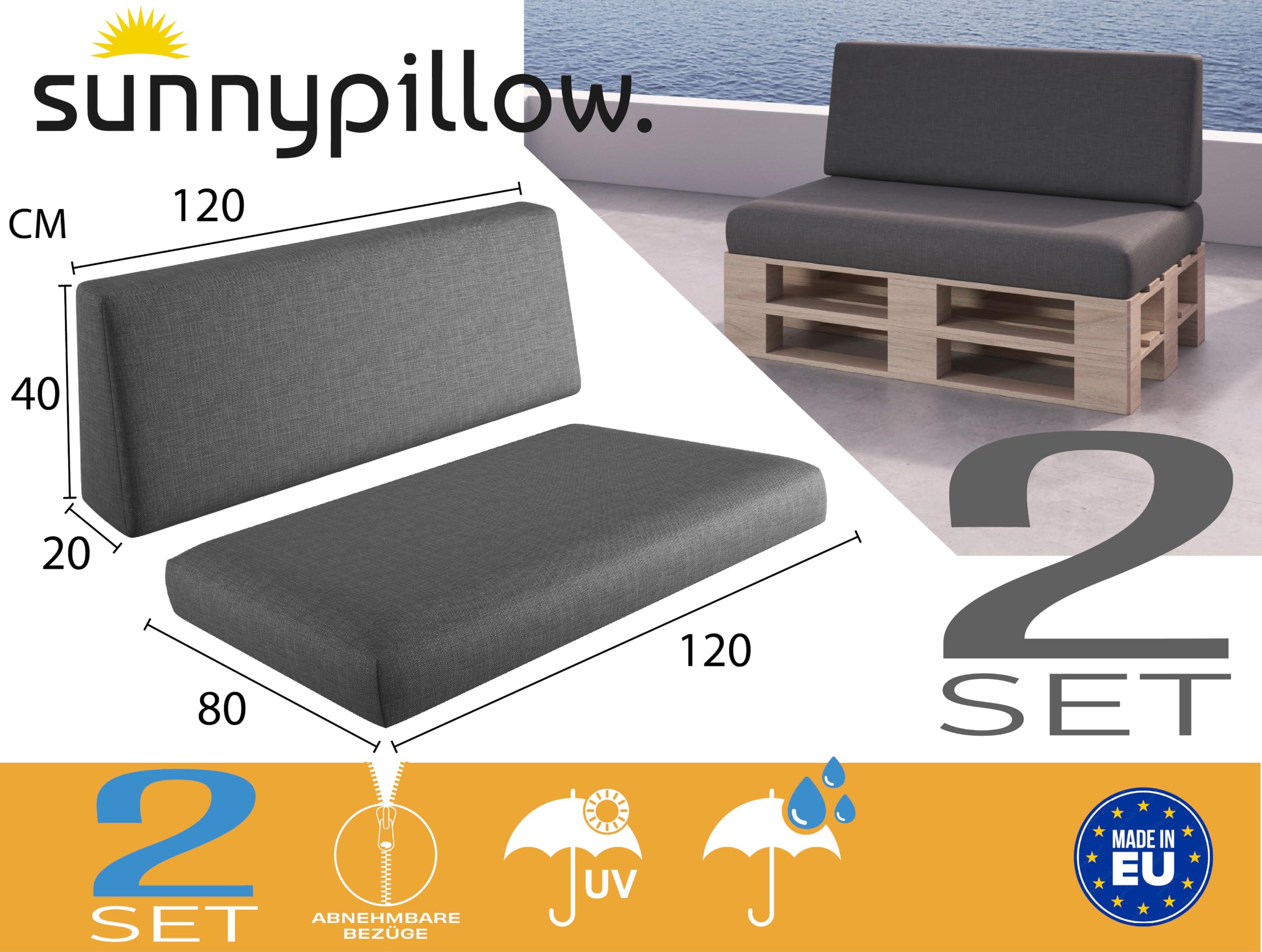 sunnypillow Palettenkissen Outdoor, wasserdicht, UV-lichtecht - 2er Set - Palettenauflage für Palettensofa für Haus, Garten - Palettenpolster für Palettenmöbel - Rückenkissen & Sitzkissen Anthrazit