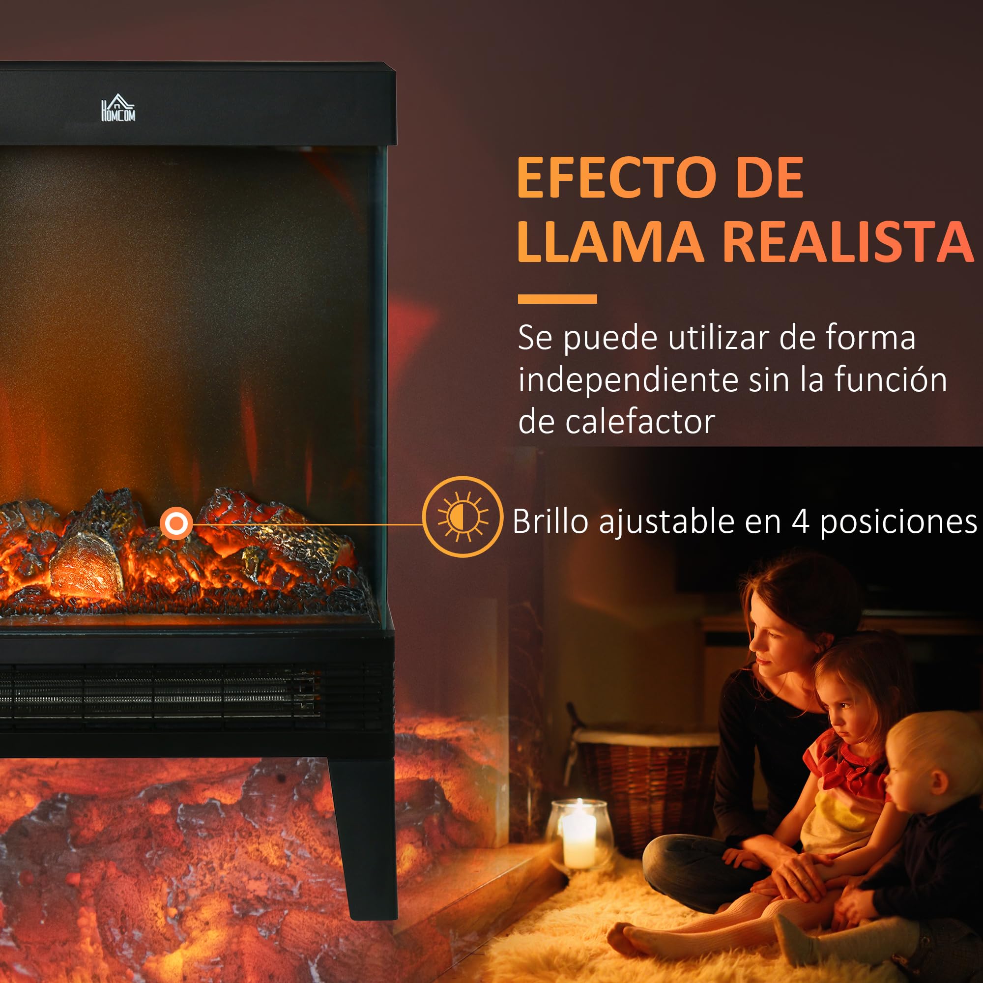 HOMCOM Chimenea Eléctrica 1000W/2000W Llama LED Ajustable Termostato Protección Sobrecalentamiento 15-20 m² Negro