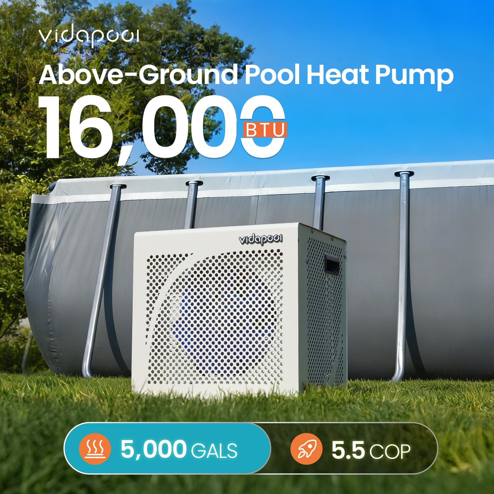 Condition photo showing New/Like New for 16,000 btu swimming pool heater 7.5 cop electric pool heat pump for above ground and inground pools heating and cooling smart wifi control pools up to,5000 gallons