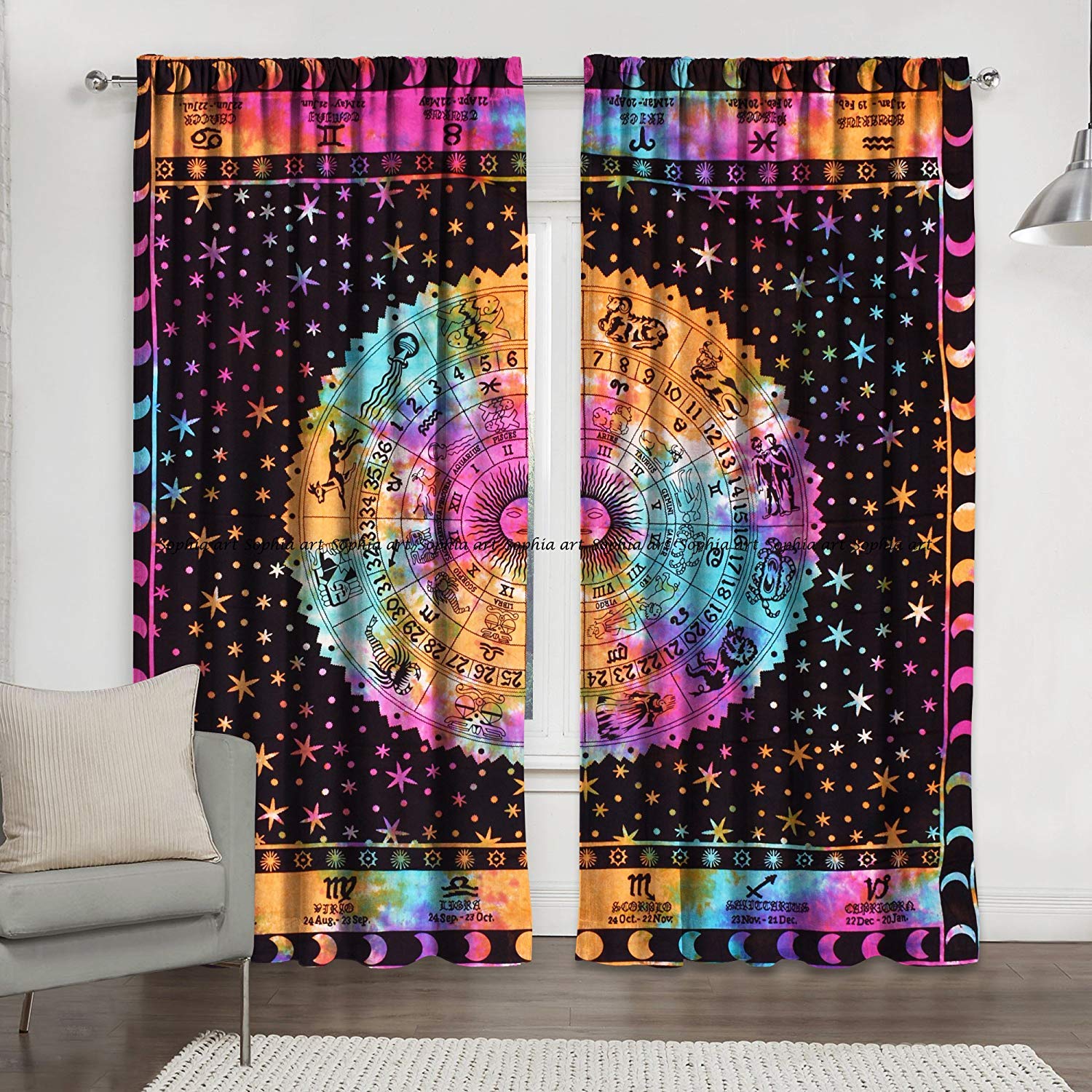 RATANA Tye Dye Zodiac Astrology Mandala Print Kitchen Window Curtains Curtain & Valance Set Dorm Tapestry,Indian Drape Balcony Room Decor Curtain Boho Set Hippie Curtain Panel (Multi)