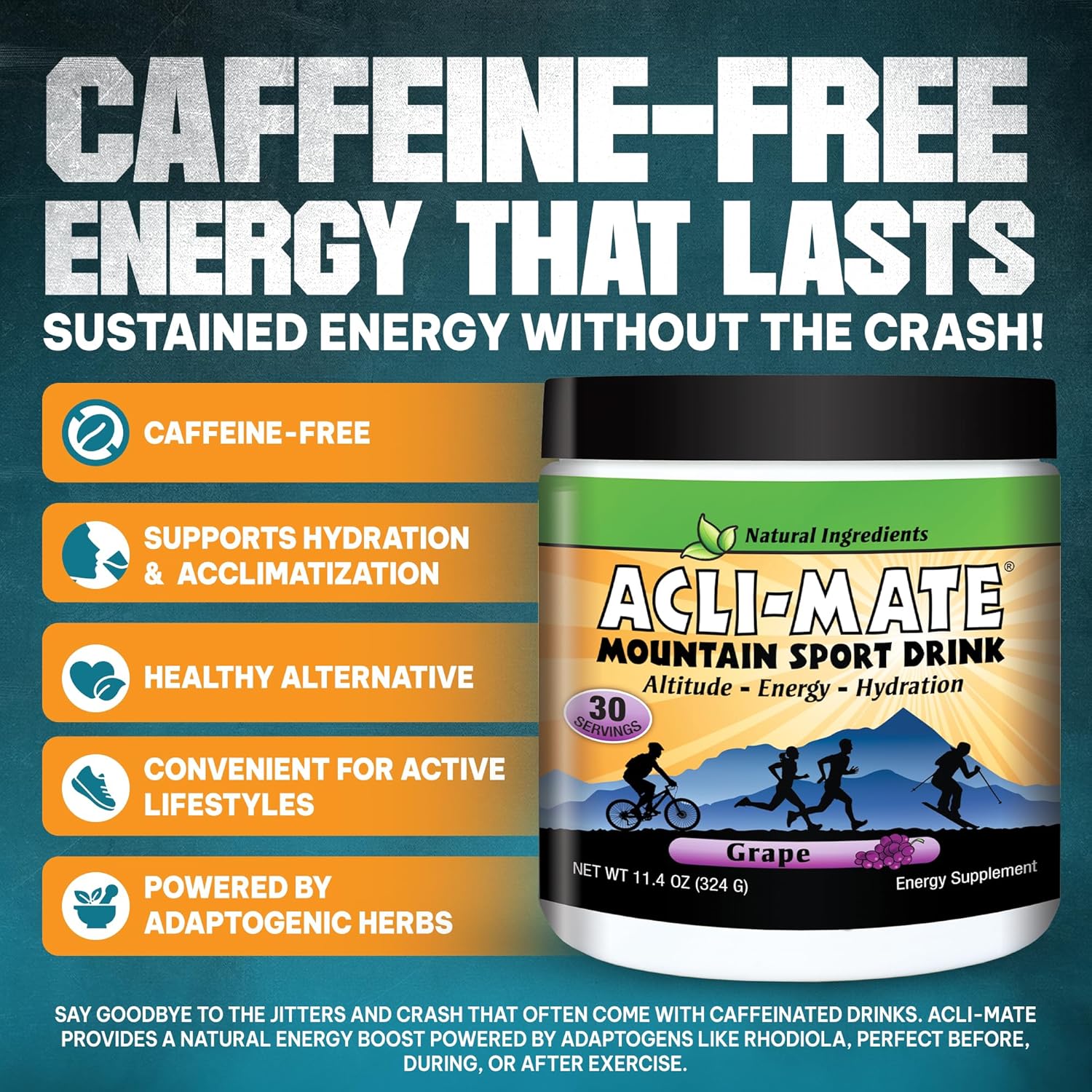 Acli-Mate Mountain Sport Drink Mix - High Altitude Acclimatization Electrolyte Powder - Energy Powder Mix - Recovery Hydration Drink for Running, Hiking, Cycling, Hunting, Skiing & More (1 Tub, Grape)