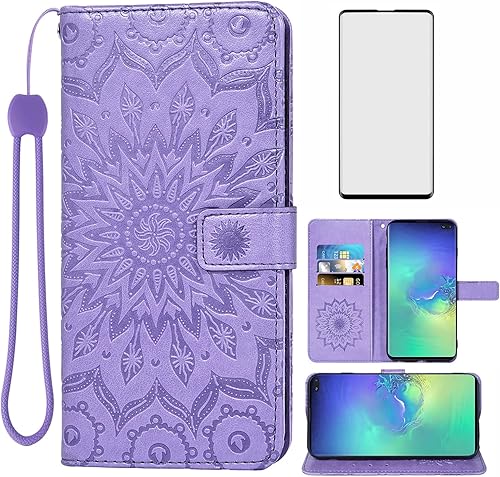 Asuwish Funda de teléfono para Samsung Galaxy S10 Plus con protector de pantalla de vidrio templado, funda delgada de cuero con soporte para