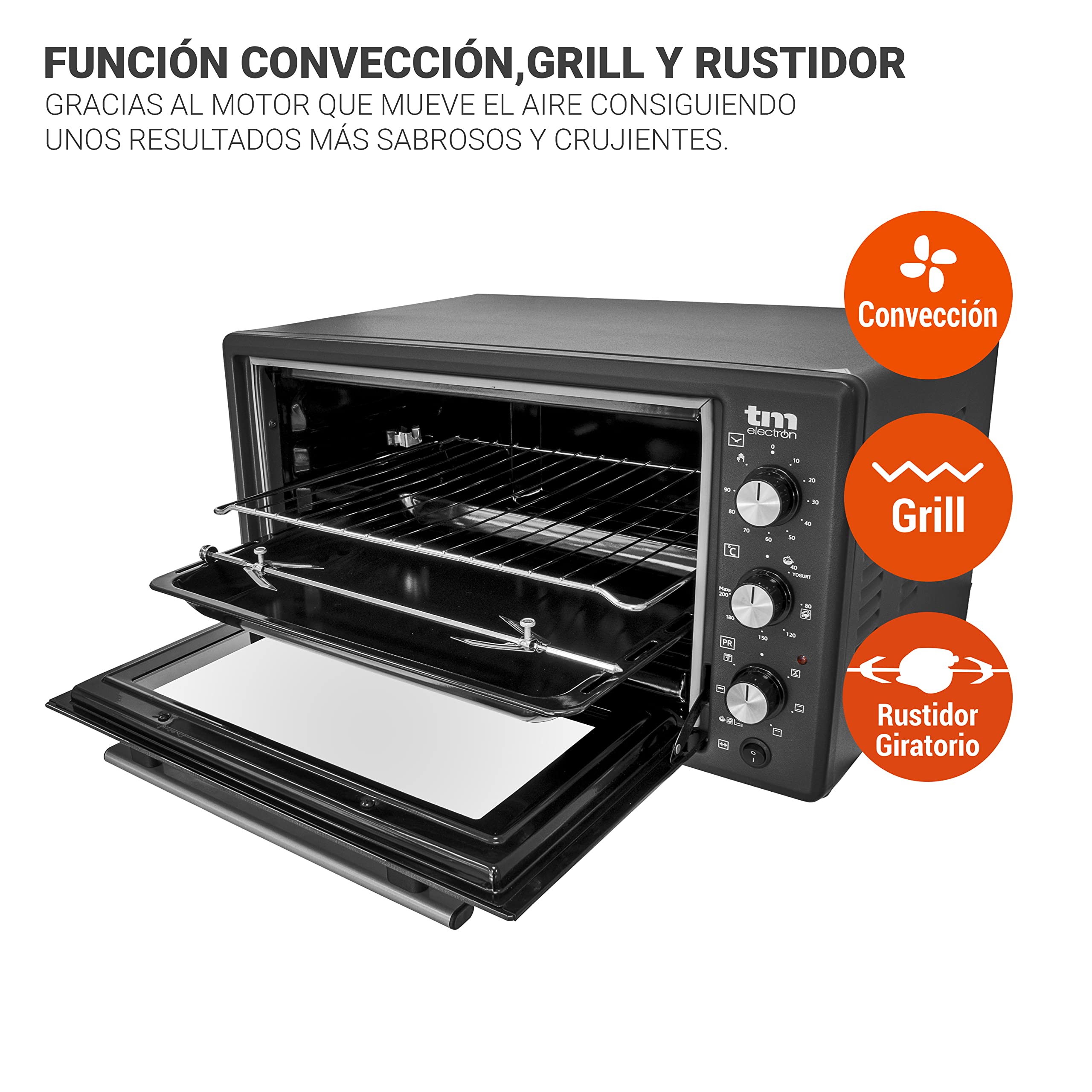 TM Electron TMPHO045 Horno de Convección de Sobremesa, 6 funciones, capacidad de 45 litros, temporizador 90 minutos, temperatura ajustable de 80º hasta 250º, 1400W