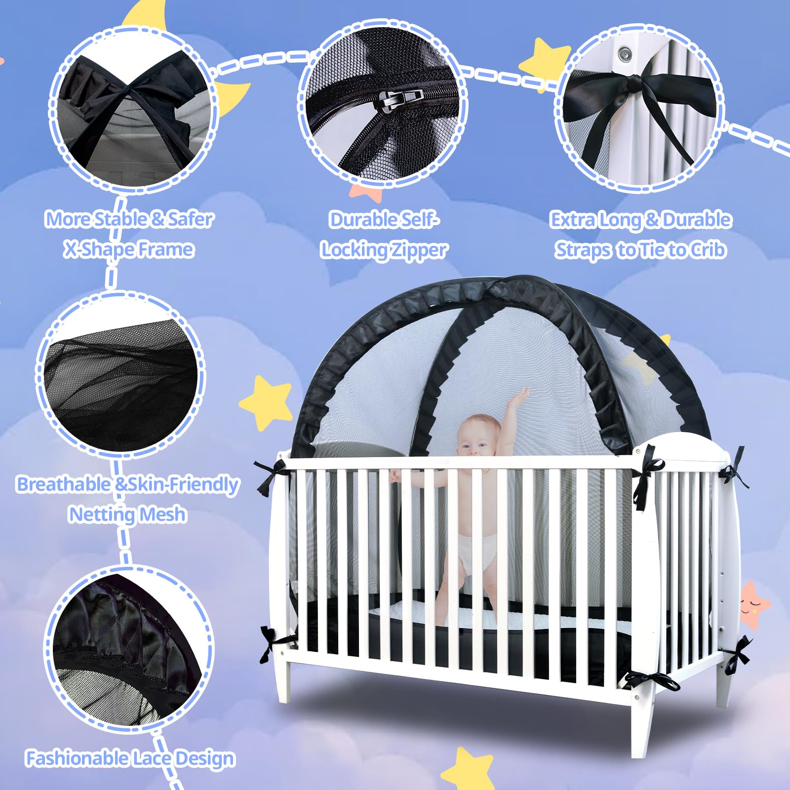 Red de seguridad para cuna de bebé para mantener al bebé dentro, toldo desplegable para cuna evita que el bebé salga, mosquitera para cuna, marco ultra estable, cremallera autoblocante resistente 5