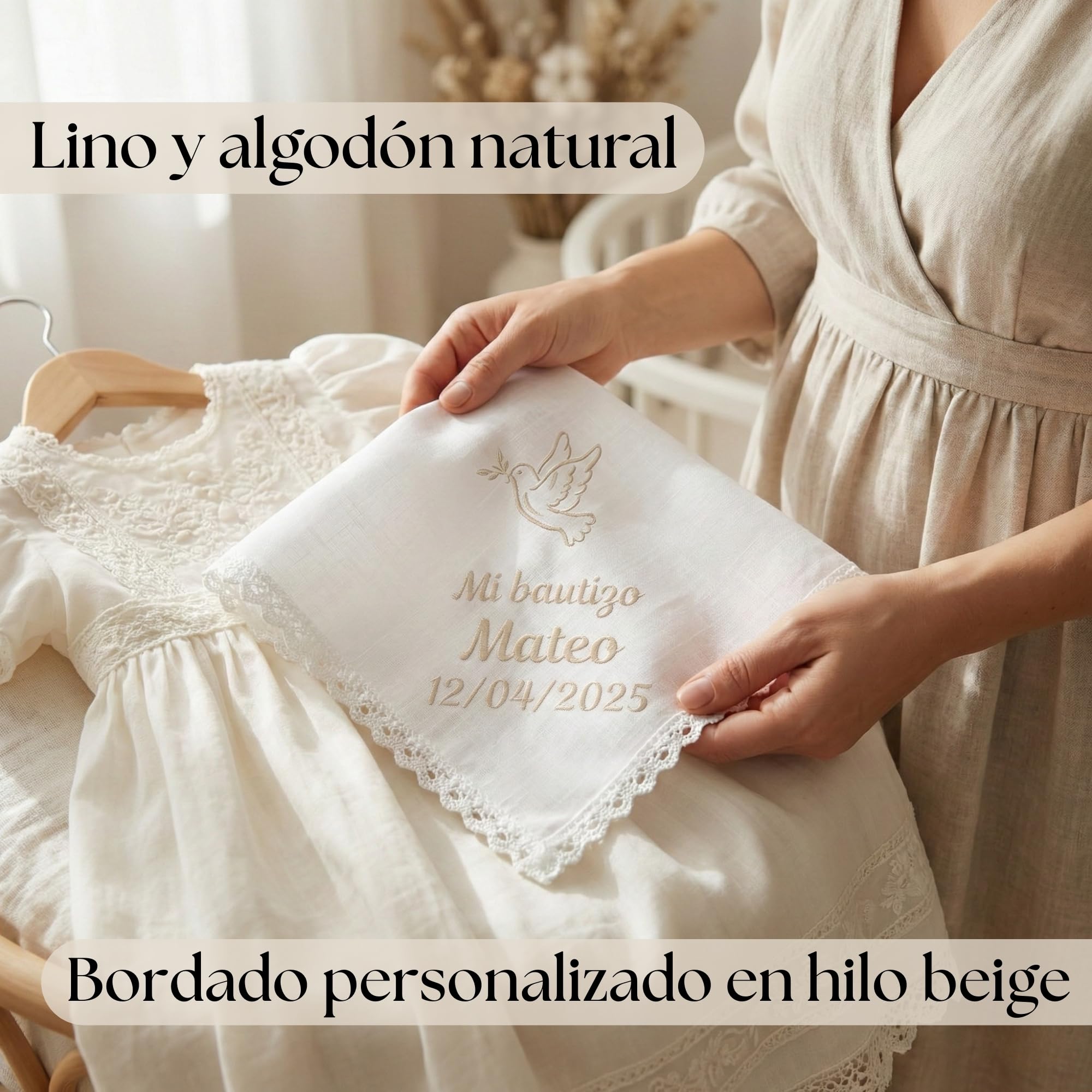 SticTag Pañuelo Bautizo Personalizado Bordado con Nombre y Fecha – Paño Bautismo de Lino y Algodón Natural – Pañuelo Bautizo Niño Niña – Regalo Bautizo Personalizado - 3