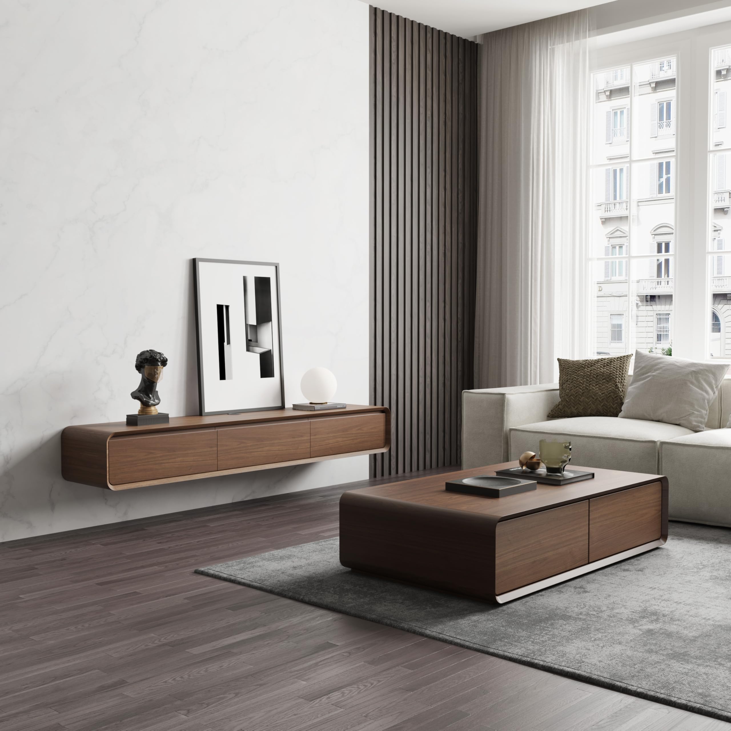 POVISON TV Schrank schwebend 160cm modern Walnussholz aus Massivholz mit 3 Schubladen, TV Lowboard hängend mit Kabelmanagement hochwertig, Komplettmöbel mit Stauraum für Wohnzimmer