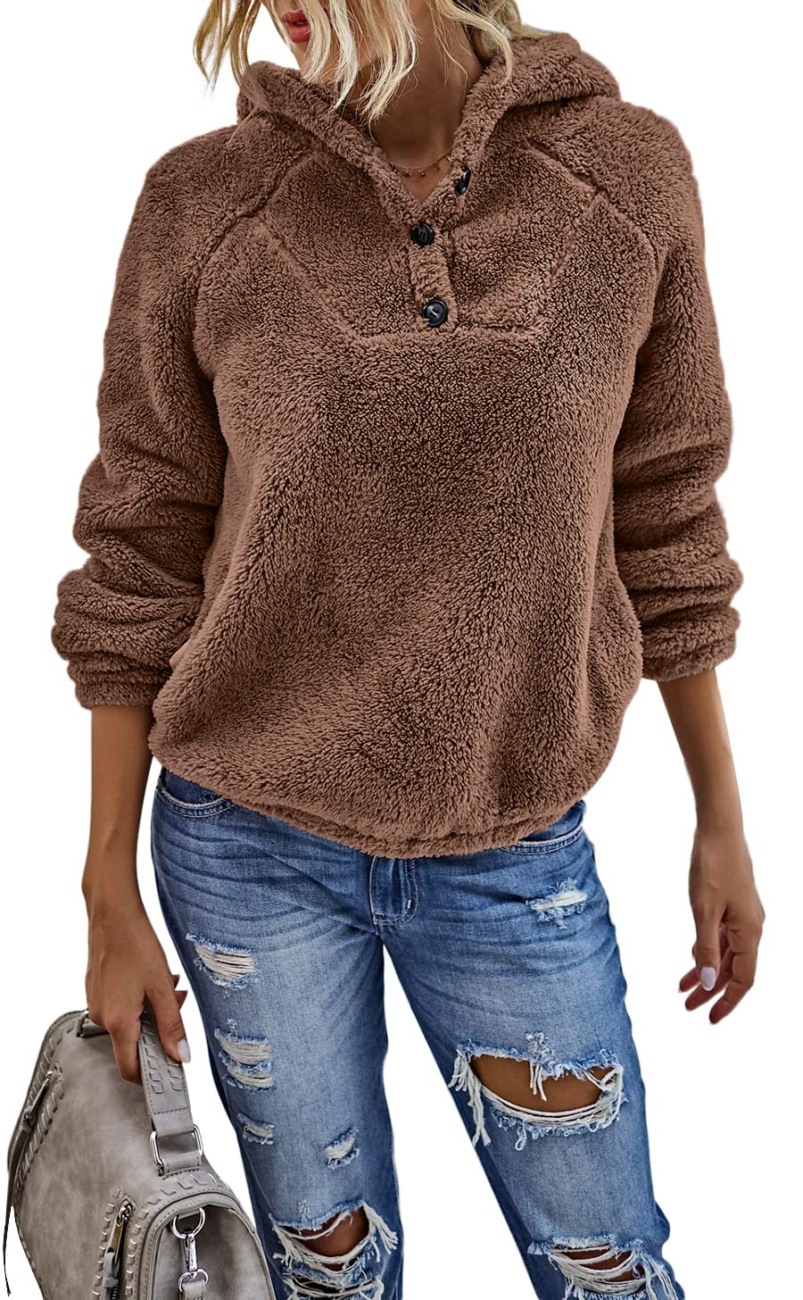 Les umes Womenss Lightweight Sherpa Pullover Fuzzy Fleece Button Sweatshirt Warm Tops Hoodies with Pockets Beige