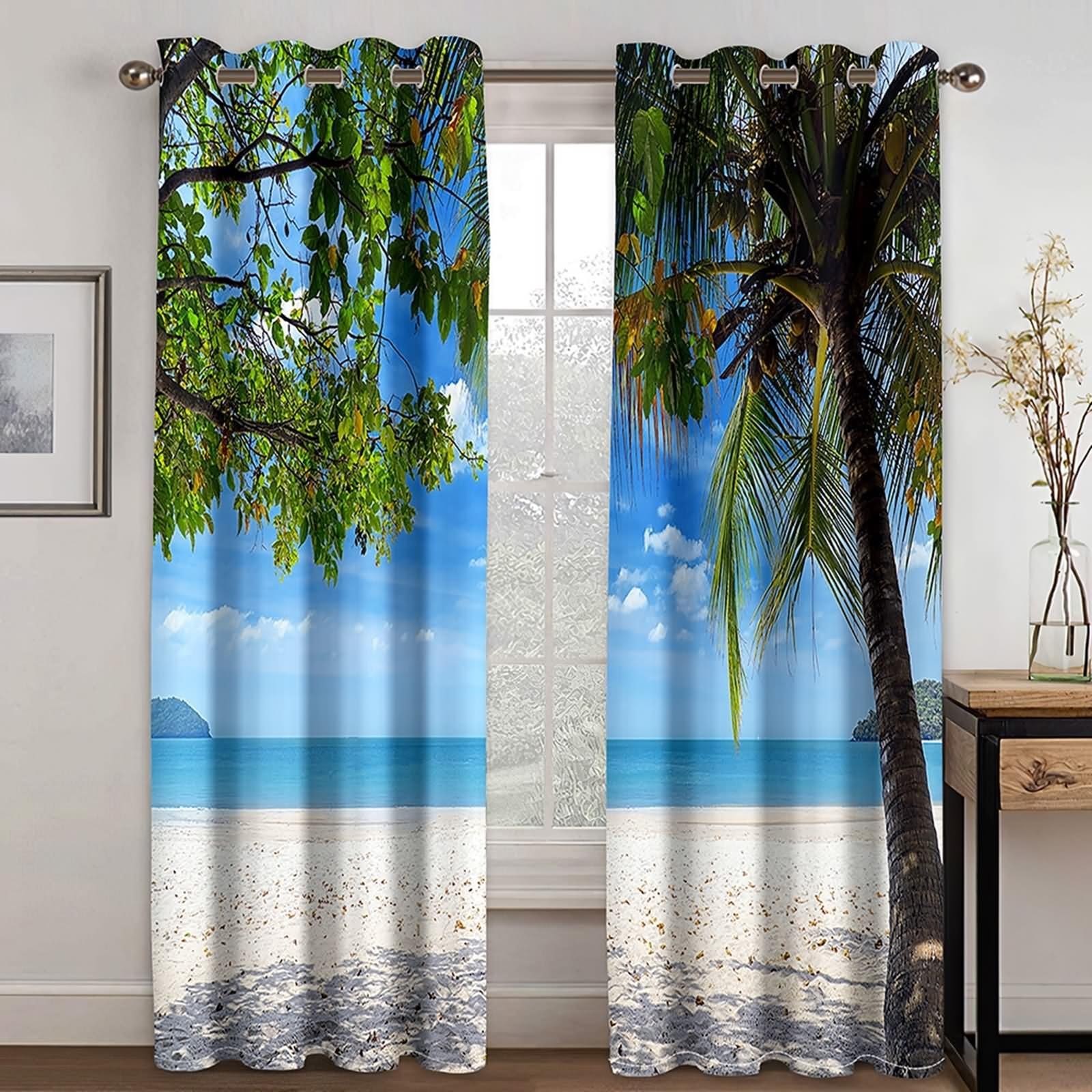 Zasłony okienne, zasłona zaciemniająca kuchnia niebieski zielony beżowy drzewo kokosowe krajobraz i plaża morska poliester 2 panele 264x214cm