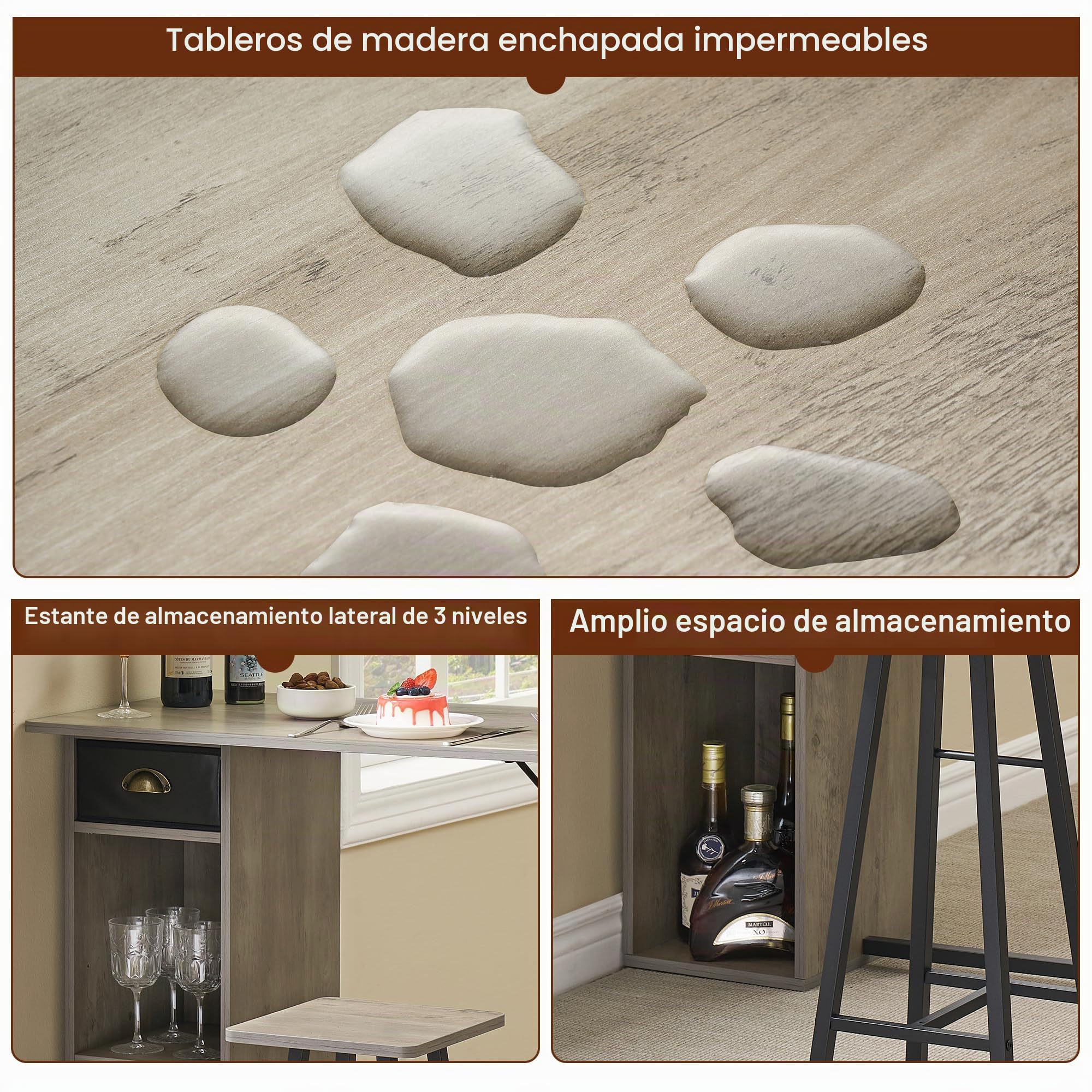 Zstar Conjunto de Mesa de Bar con 2 Taburetes, Mueble Auxiliar con Almacenamiento Lateral, para Cocina y Comedor, Color Gris Madera