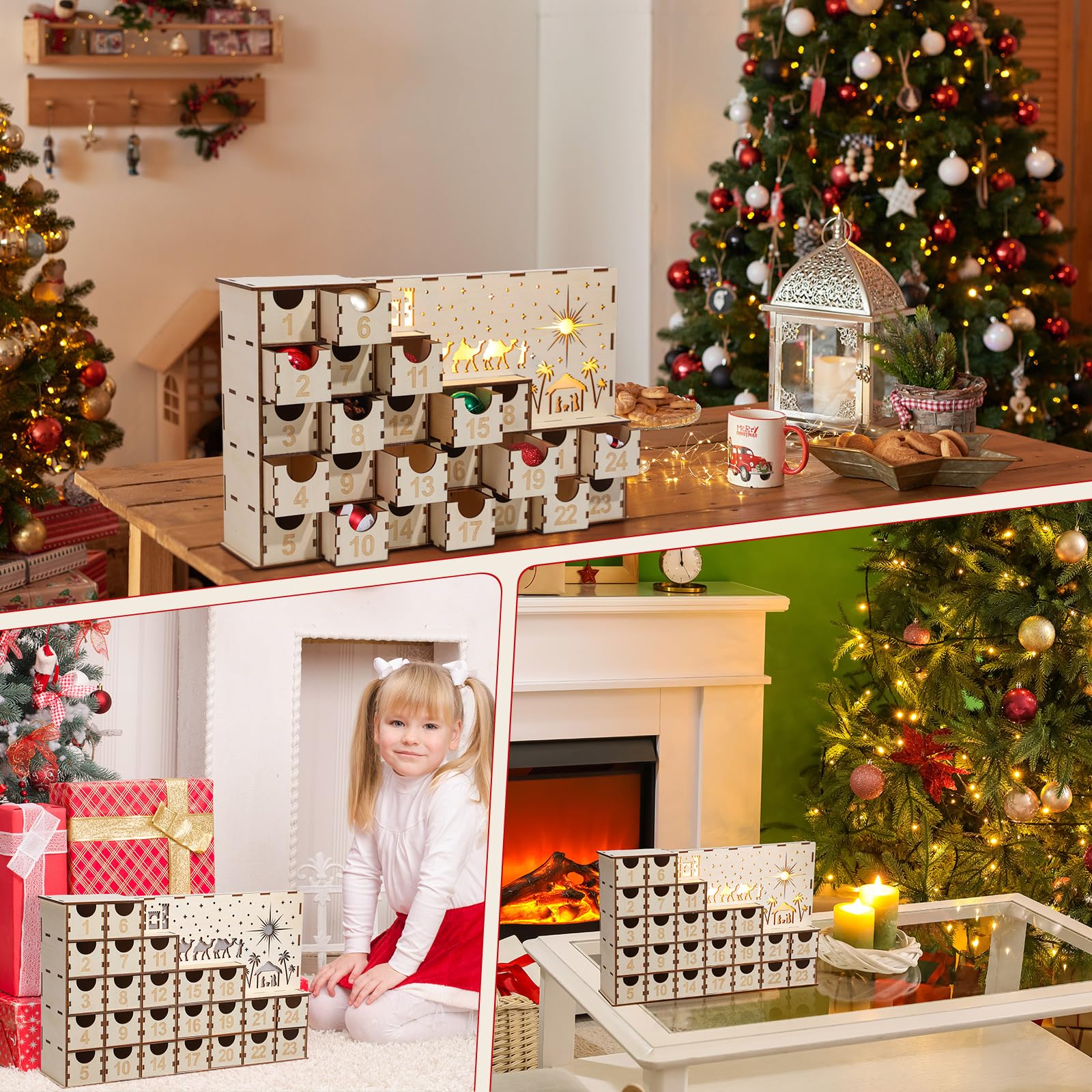 Nuanchu 24 Tage Adventskalender mit 24 Schubladen beleuchtet Holz DIY Countdown bis Weihnachten Kalender Krippe Dekoration Weihnachten Desktop Organizer Xmas Holz Handwerk 35,8 x 21,6 x 7,6 cm