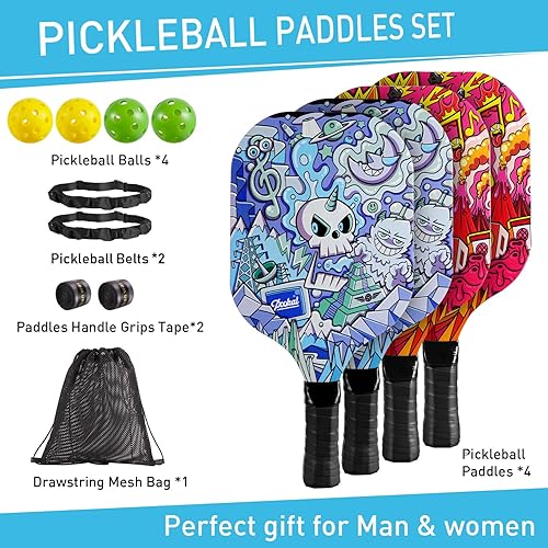Miniatura 7 de Pickleball Paddles Set of 4 with 4 Premium 9-Ply Basswood Paddles & 4 Pickleballs & 2 Handle Grips Tape & 2 Pickleball Belts & Carry Bag for