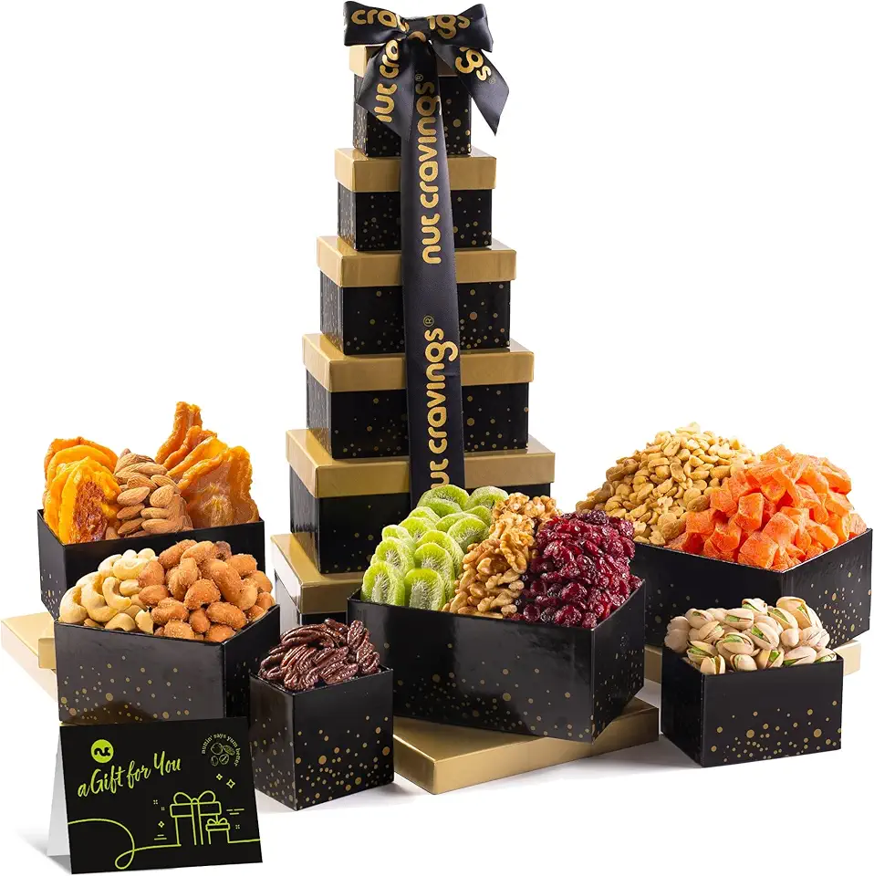 NUT CRAVINGS - Holiday Christmas Dried Fruit &amp; Mixed Nuts Gift Basket in Black Tower + Ribbon (12 Assortments) Xmas Treats for Adults, Food Arrangement, Healthy Snack Care Package, Kosher