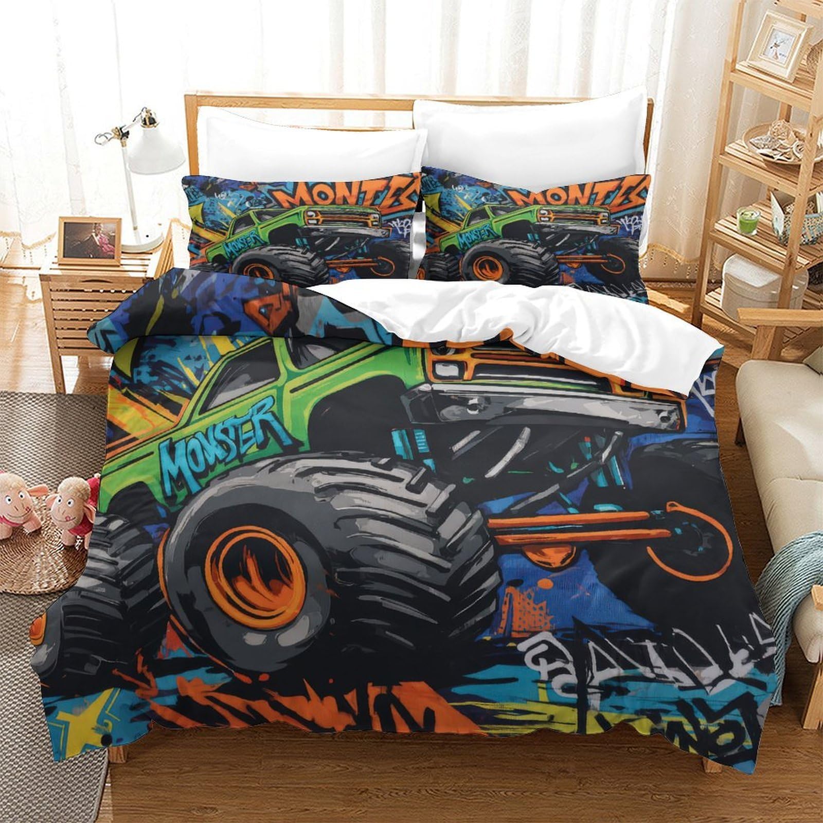 Offroad LKW 3-teiliges Reines Polyester Graffiti Kunststil Bettbezugset, Versteckter Reißverschluss, Für Kleinkinder, Babysicher & Gifffrei, Pflegeleicht King（220x240cm）